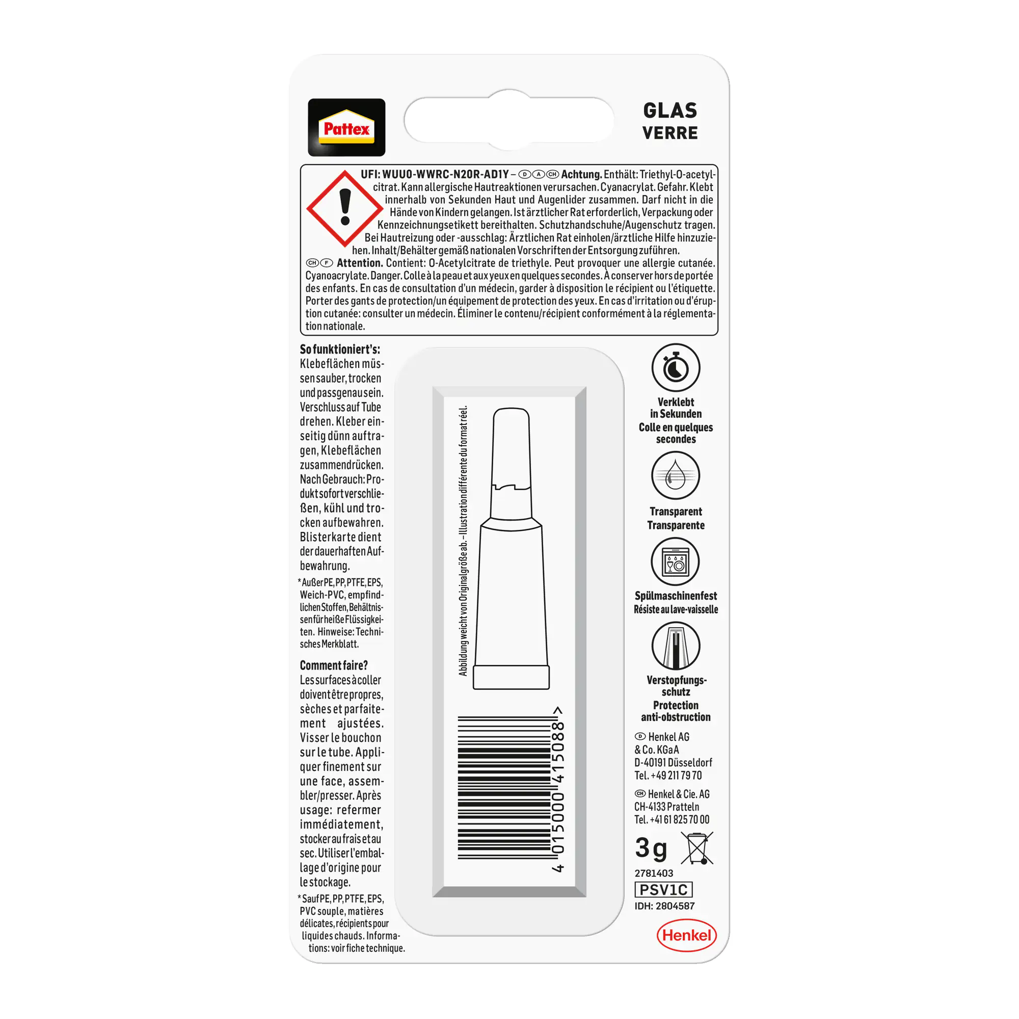 Pattex Sekundenkleber Glas Flüssig 3 g Tube, trocknet transparent Pattex Sekundenkleber Glas Flüssig 3 g Tube, trocknet transparent