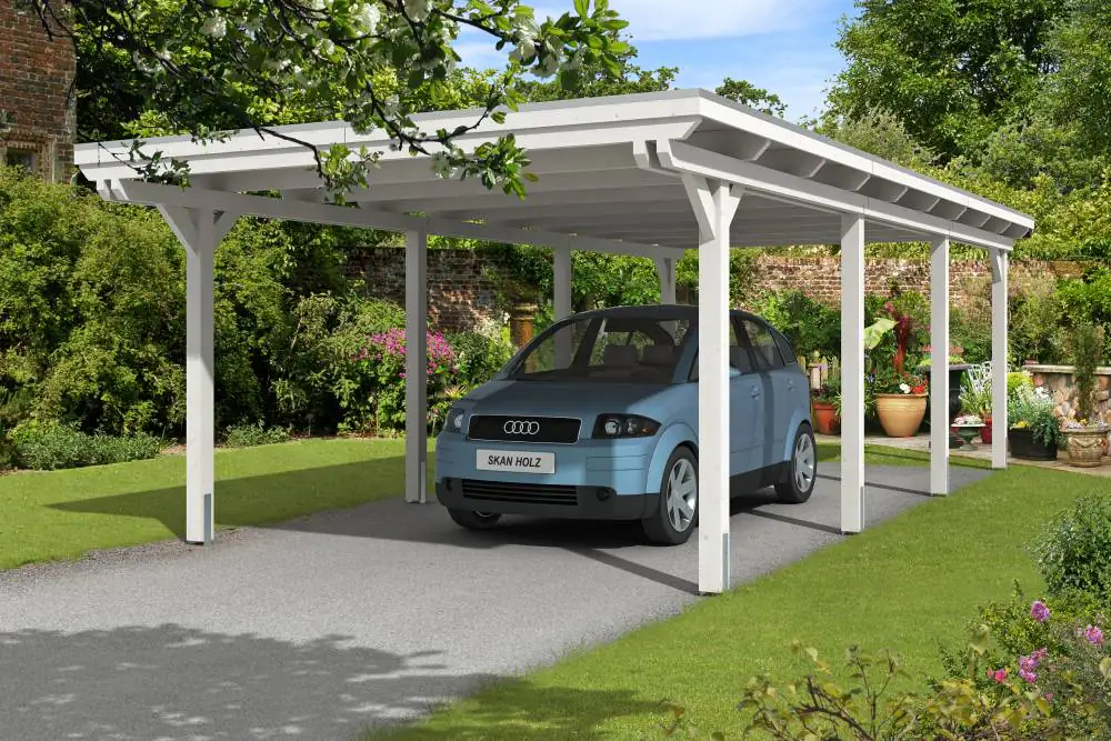 SKAN HOLZ Carport Emsland 404 x 846 cm mit Aluminiumdach, lasiert in Weiß SKAN HOLZ Carport Emsland 404 x 846 cm mit Aluminiumdach, lasiert in Weiß