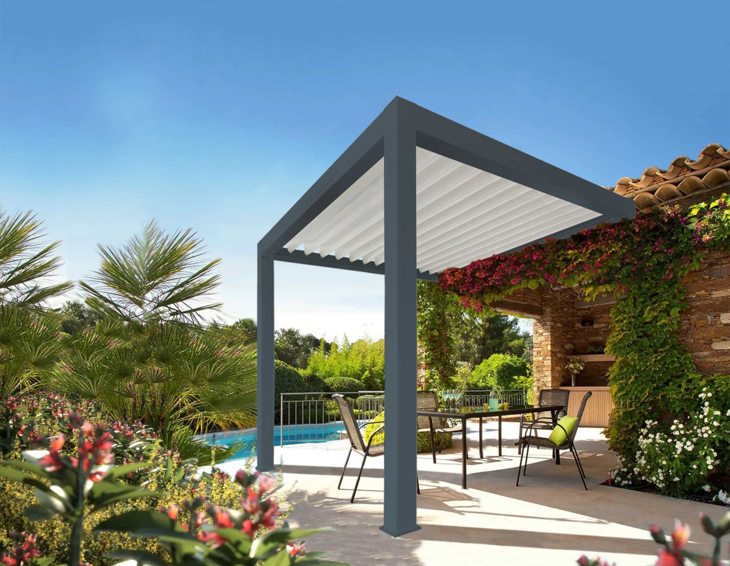 Lamellen Terrassenüberdachung 400 x 347,4 x 273 cm grau weiß