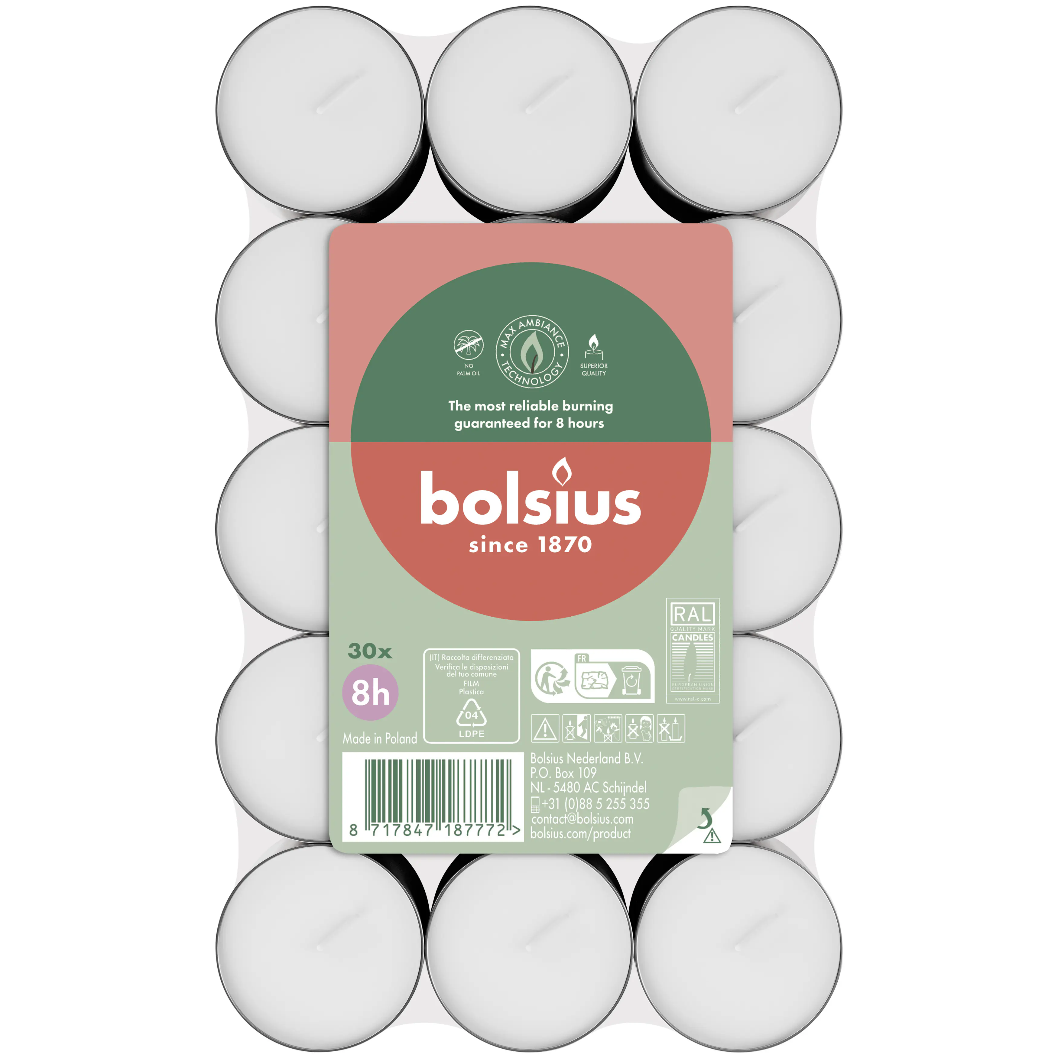 Bolsius Teelichter weiß 8h 30er Pack