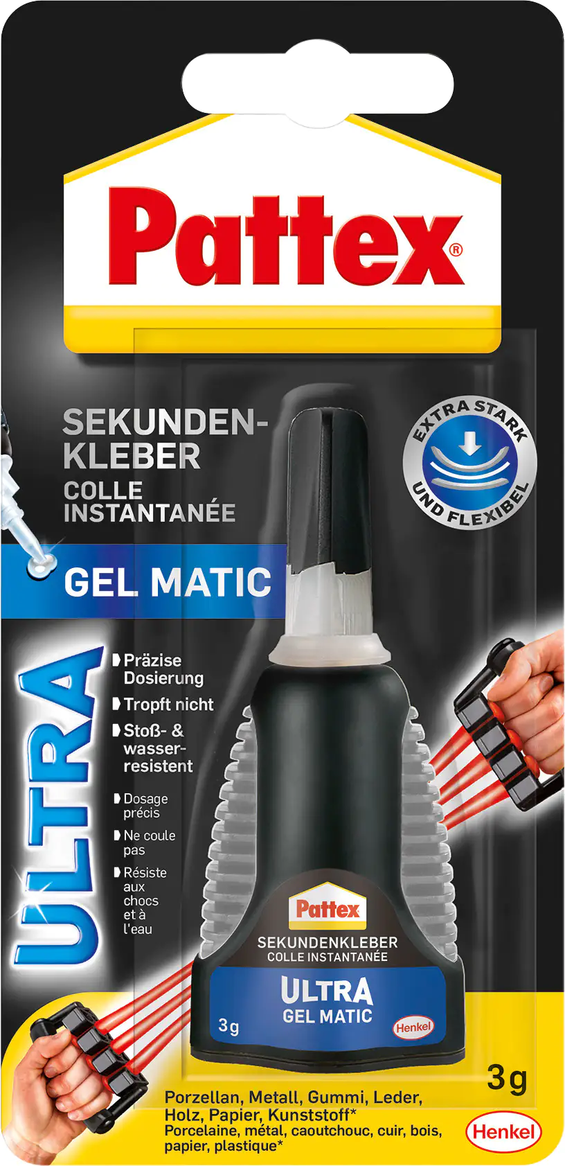 4015000415057_929000 Pattex Sekundenkleber Ultra Gel Matic 3 g Spender, trocknet transparent