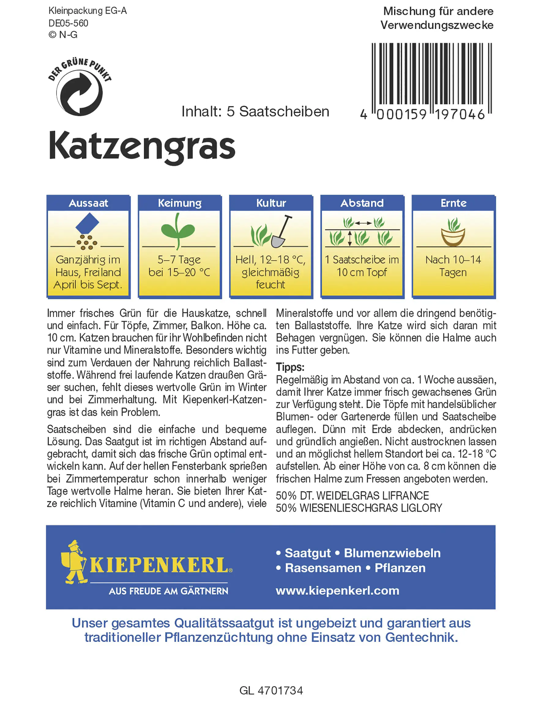 Kiepenkerl Katzengras Saatscheibe Inhalt reicht für 5 Saatscheiben
