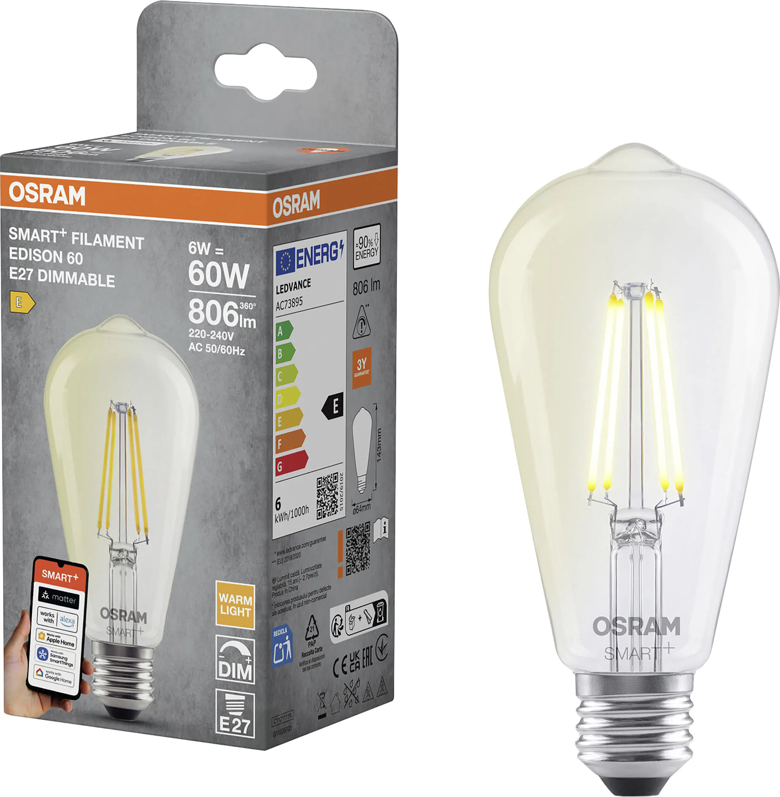 Osram SMART+ Matter Leuchtmittel E27 Edison 60 6W dimmbar warmweiß