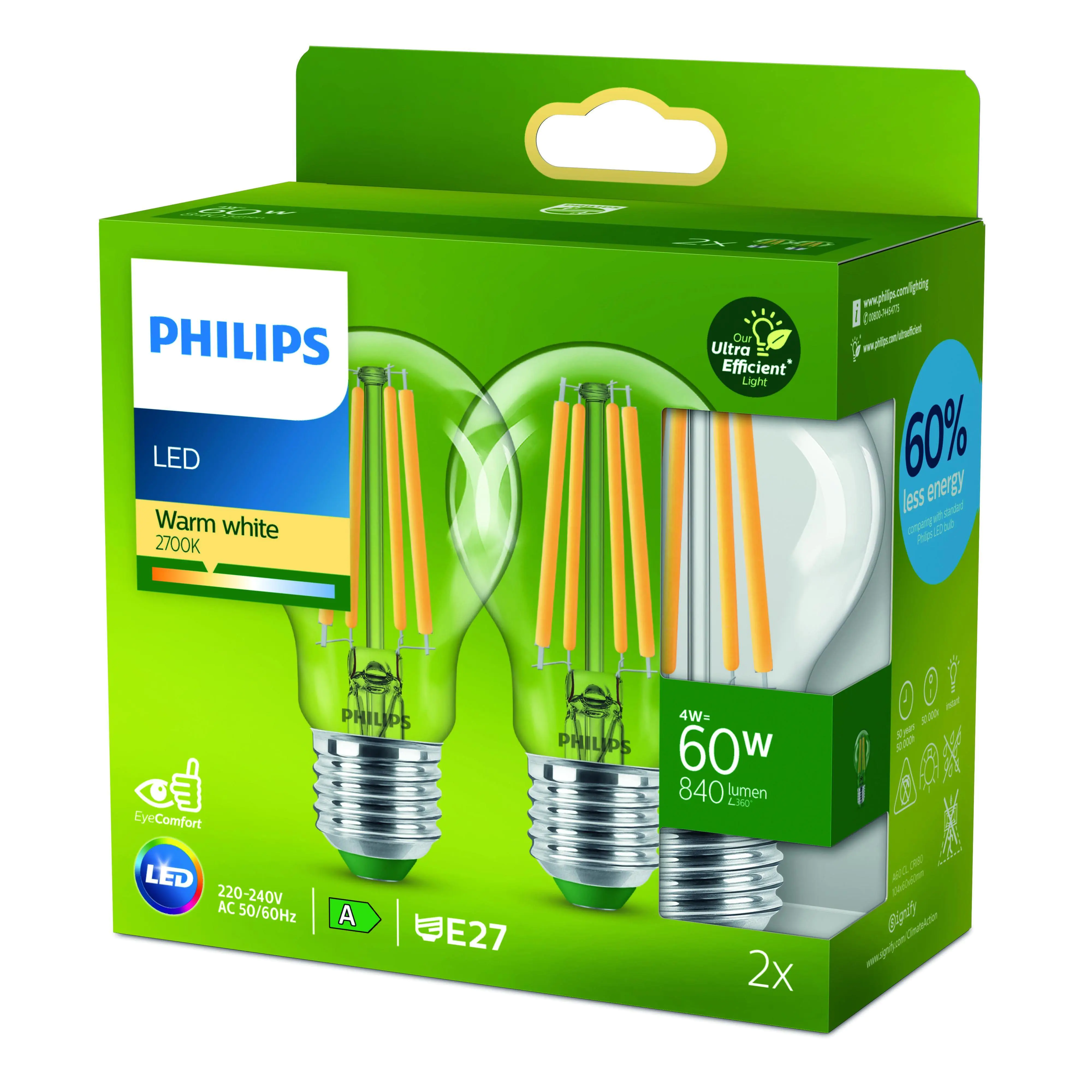 Philips LED-Leuchtmittel A60 E27 4W  klar 2er Pack