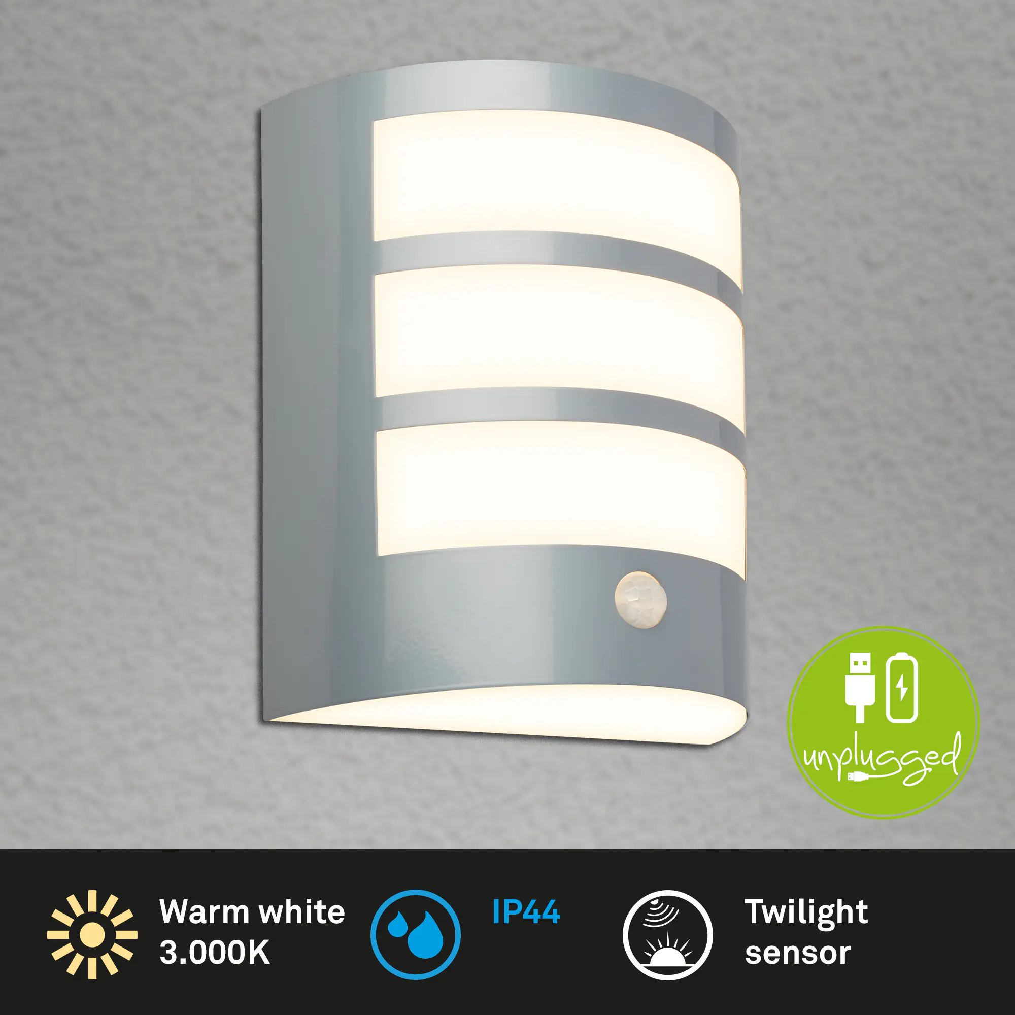 Briloner LED Außenwandleuchte Akku 5,8W chrom Sensor warmweiß Briloner LED Außenwandleuchte Akku 5,8W chrom Sensor warmweiß