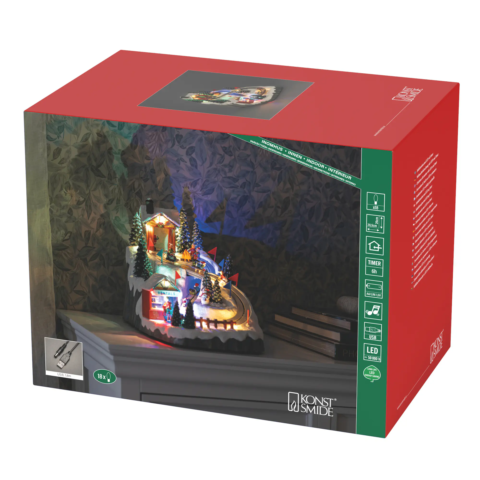 Konstsmide LED-Szenerie Rodelbahn und Weihnachtsmusik batteriebetrieben mit Timer 26 x 36 cm bunt