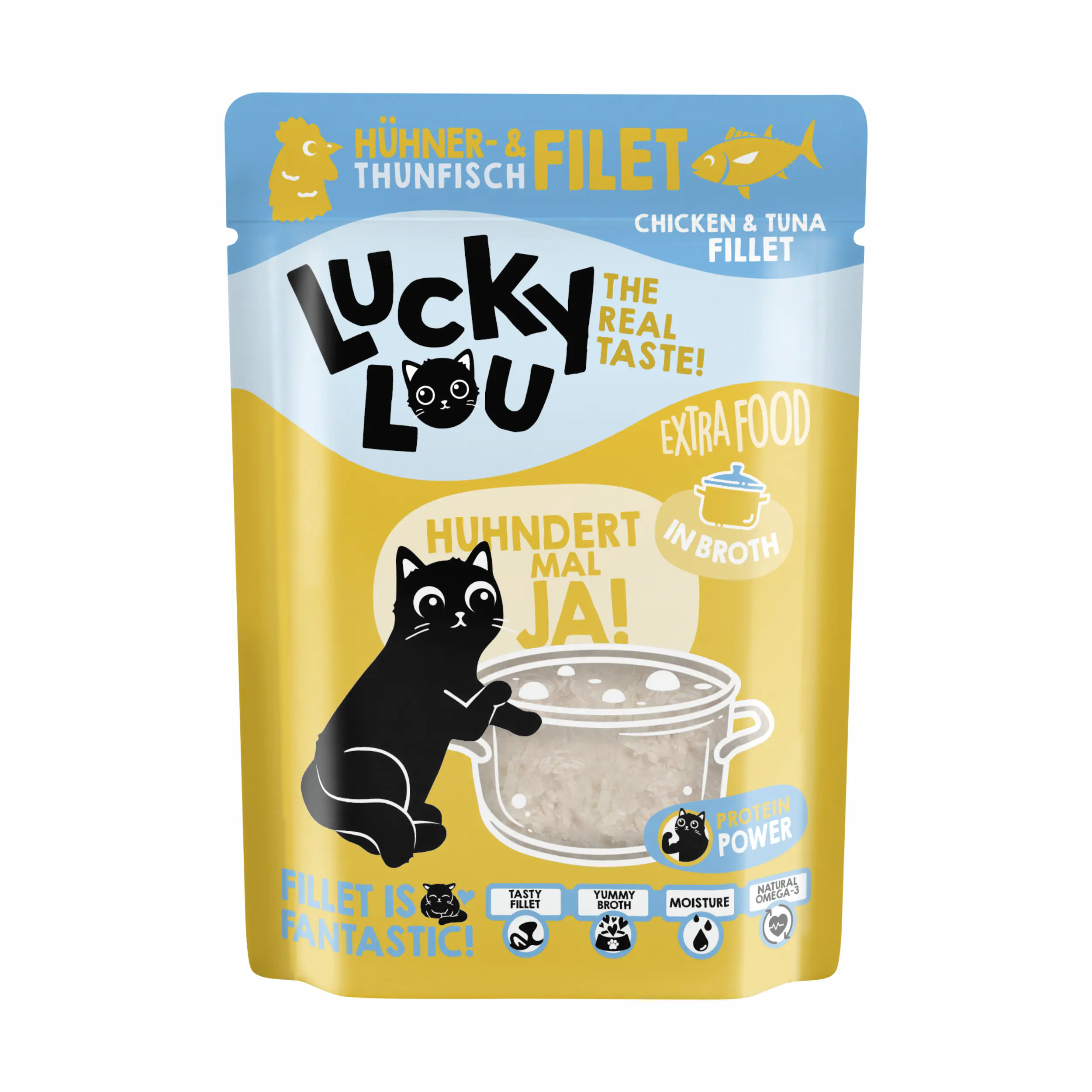 Lucky Lou Extrafood Katzennassfutter Adult getreidefrei 70 g Hühner- & Thunfischfilet in Sud