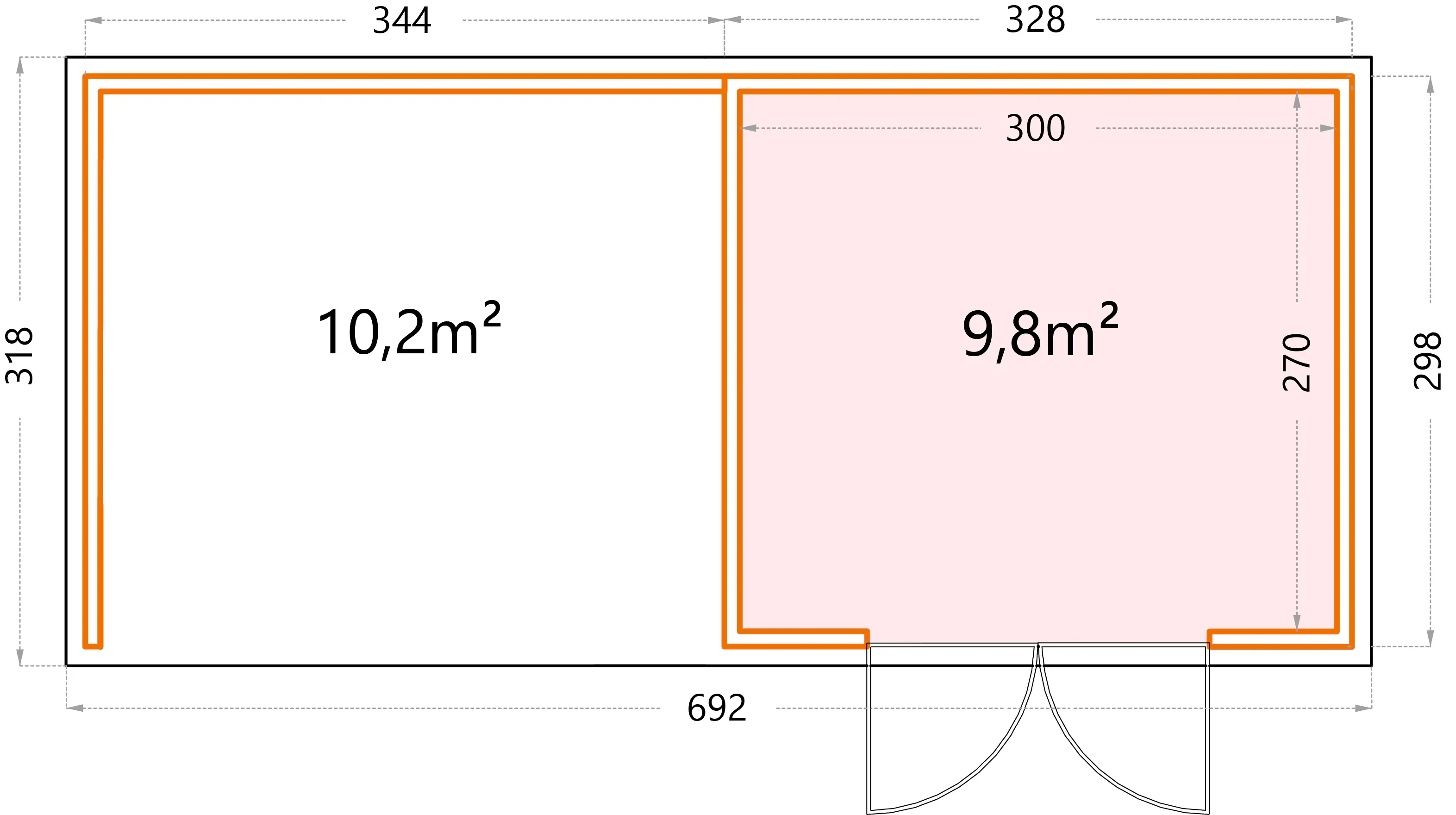 Telluria Gerätehaus Classico Lounge L 3330 links lichtgrau 672 x 298 cm