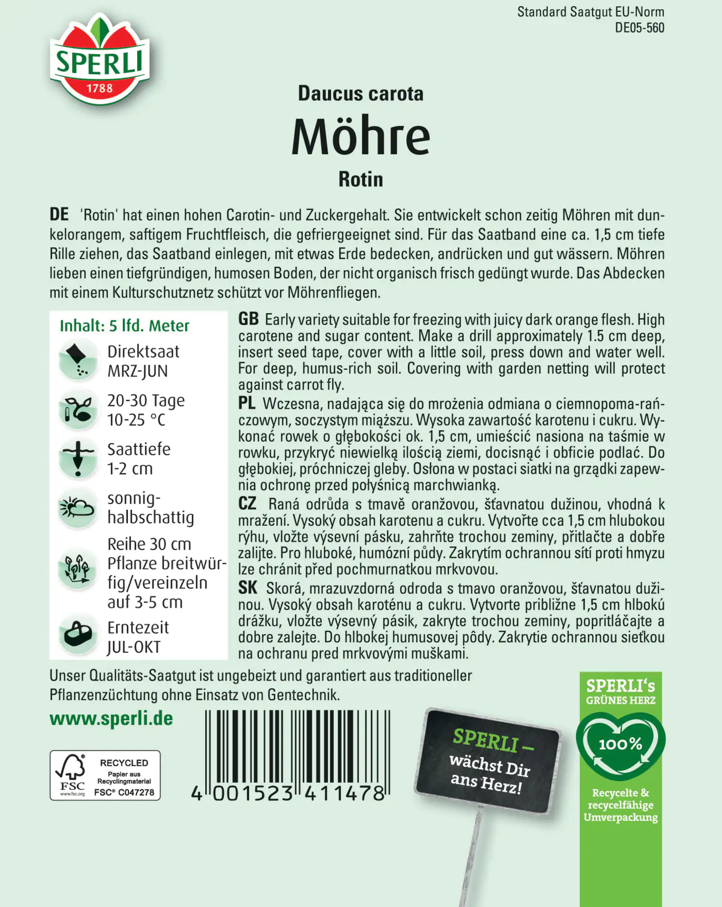 Sperli Möhre Rotin Saatband