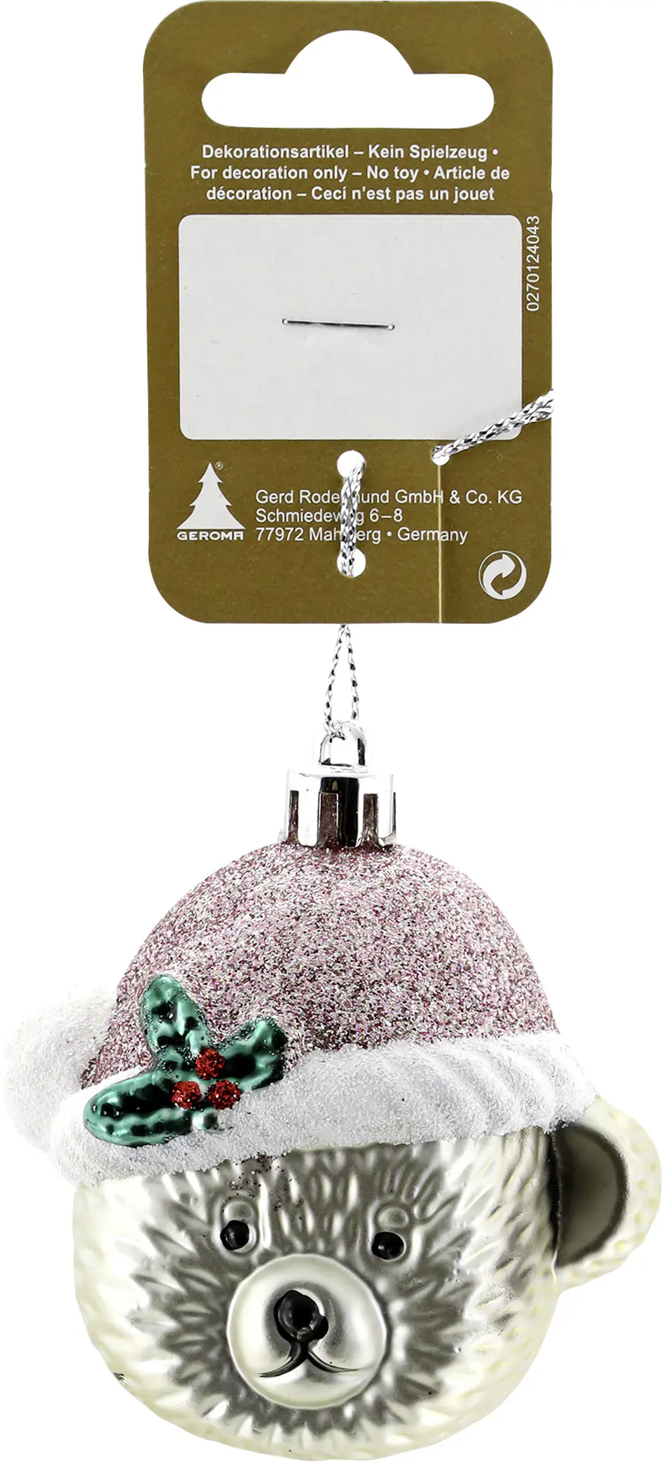 Dekoanhänger Bärenkopf mit Weihnachtsmütze Kunststoff 7 x 6 cm silber-rosa