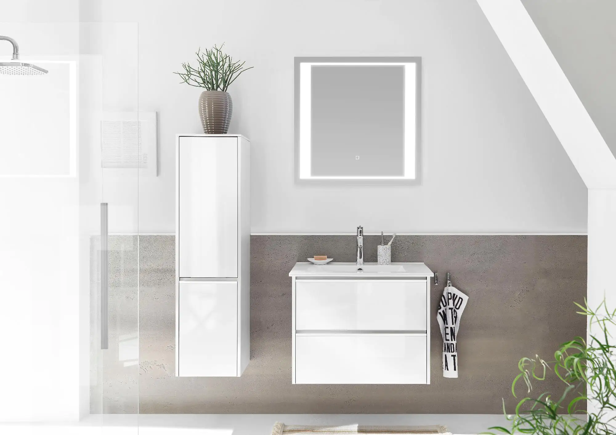 Pelipal Badmöbel-Set 6040 Schneeweiß Glanz/Weiß Glanz mit Funktionsspiegel + Midischrank 104 cm