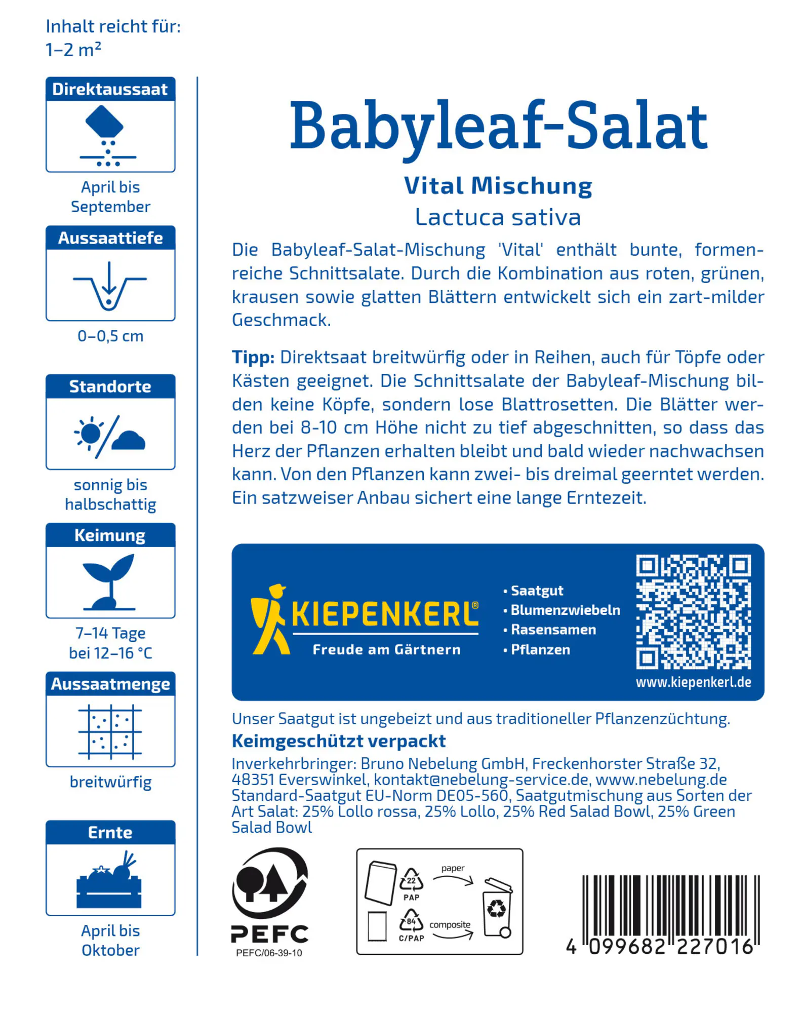 Kiepenkerl Saatgut Babyleaf-Salat Vital Mischung für ca. 1 - 2 m²