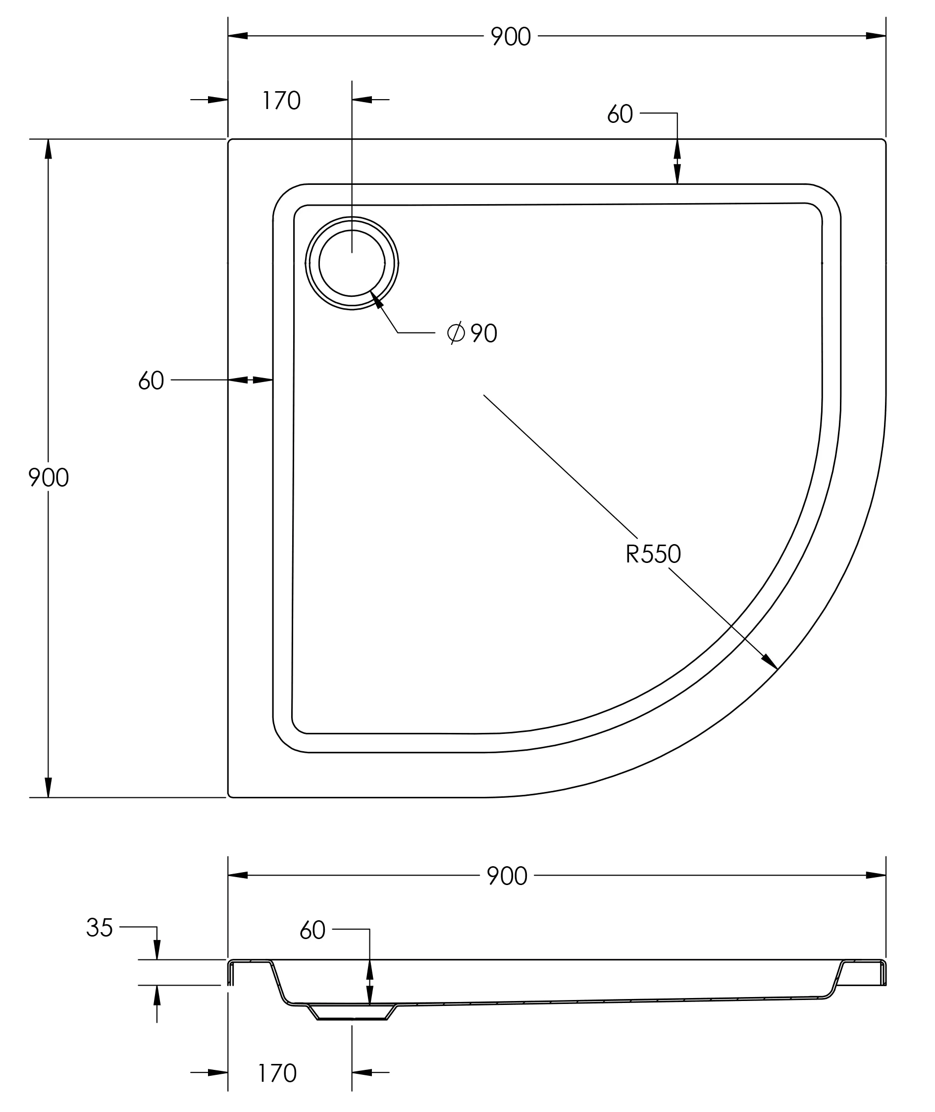 Ottofond Duschwanne Kraton 90 x 90 x 6 cm, weiß