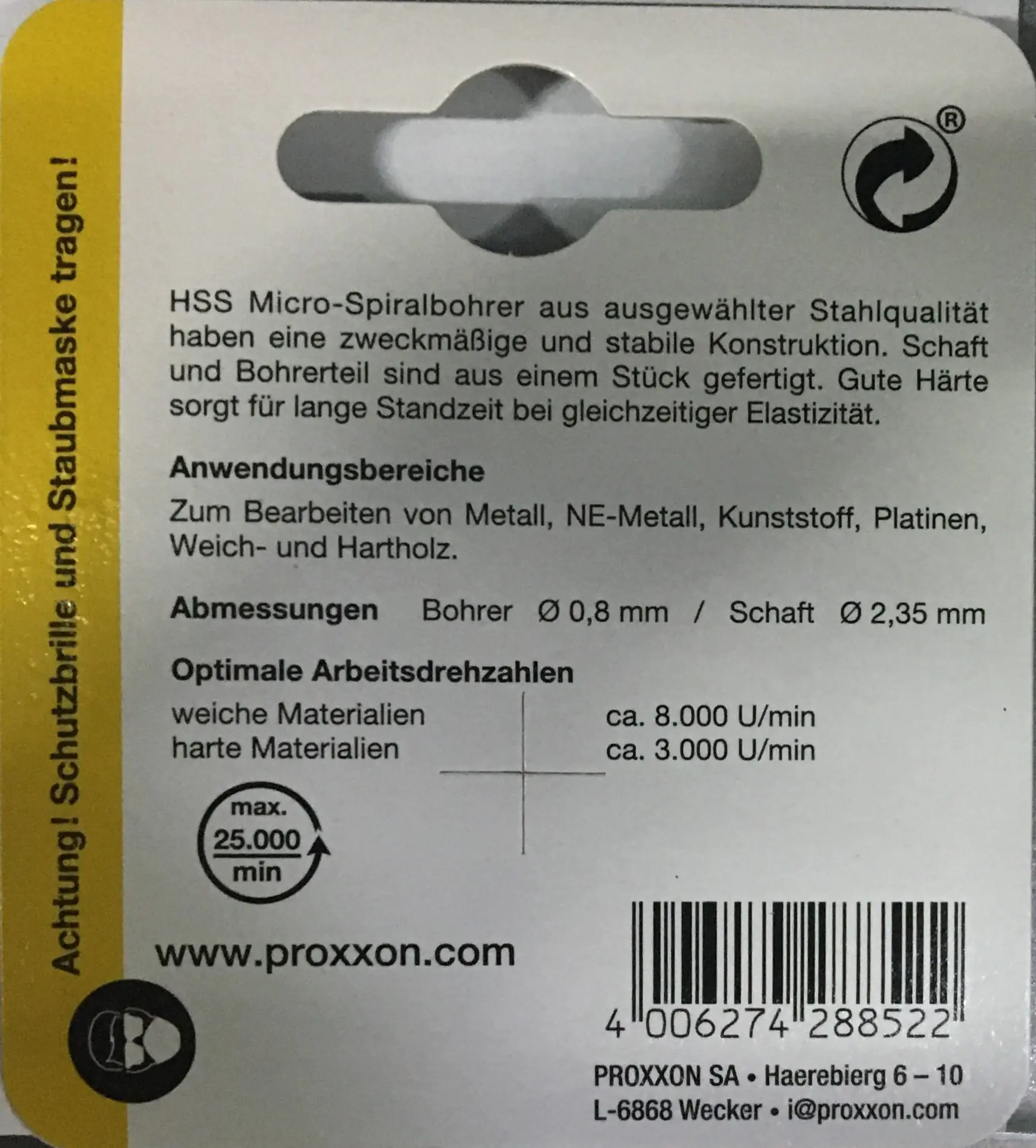 Proxxon Micromot Mikro-Spiralbohrer 0,8 mm 3 Stück Proxxon Micromot Mikro-Spiralbohrer 0,8 mm 3 Stück