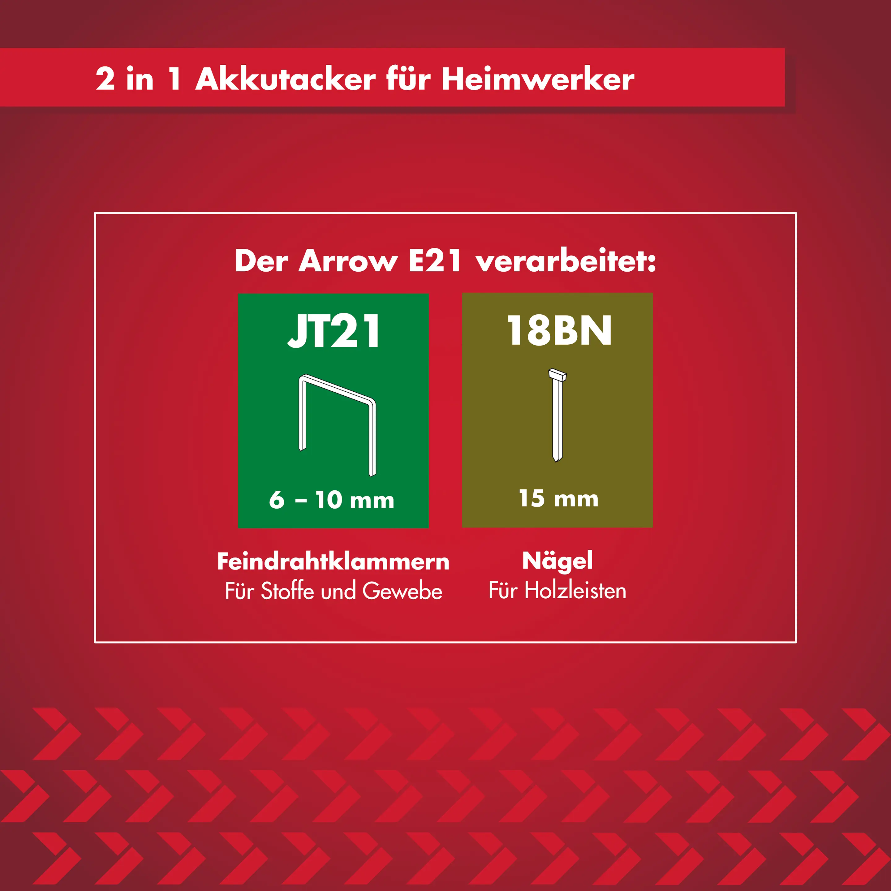 Arrow Akku-Handtacker E21 für Feindrahtklammern & Nägel