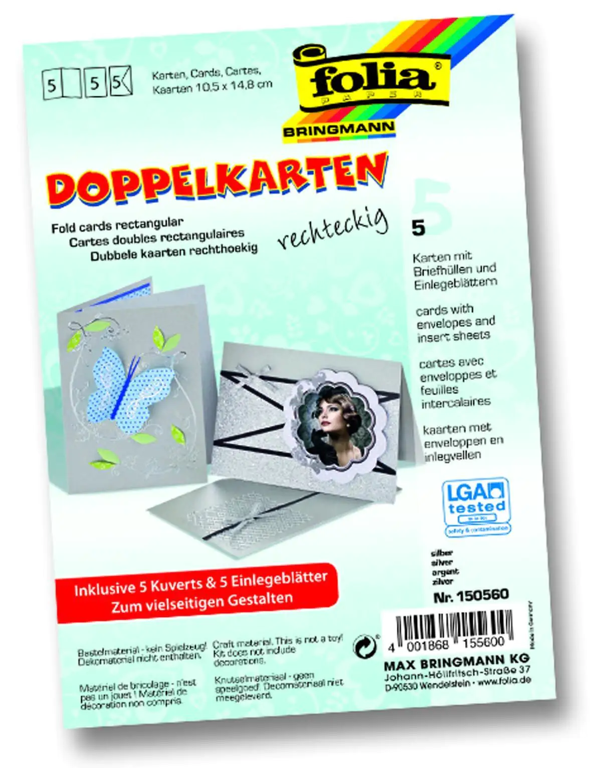 Glorex Doppelkarten 10,5 x 15 cm silber, 5 Stück