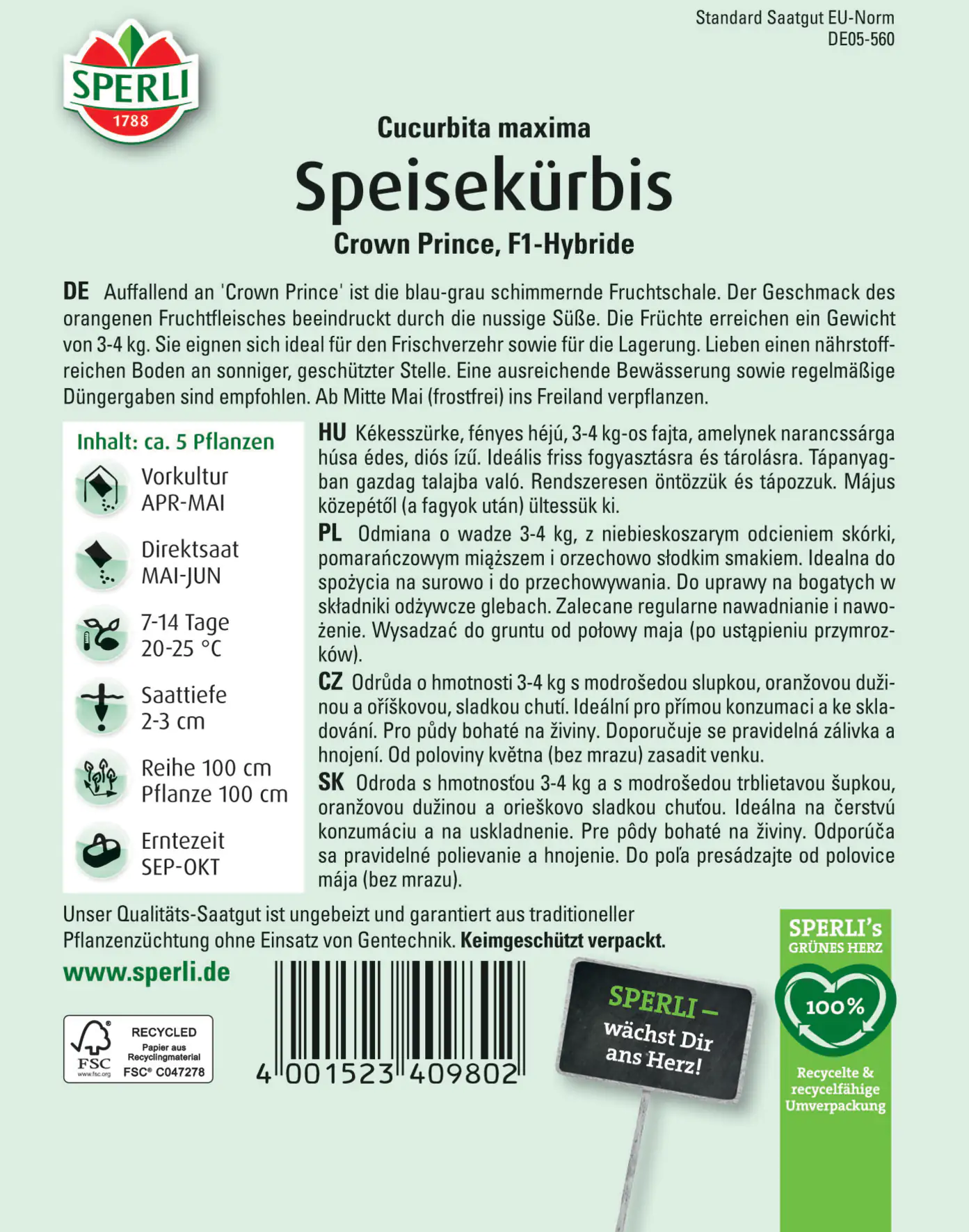 Sperli Speisekürbis Crown Prince F1