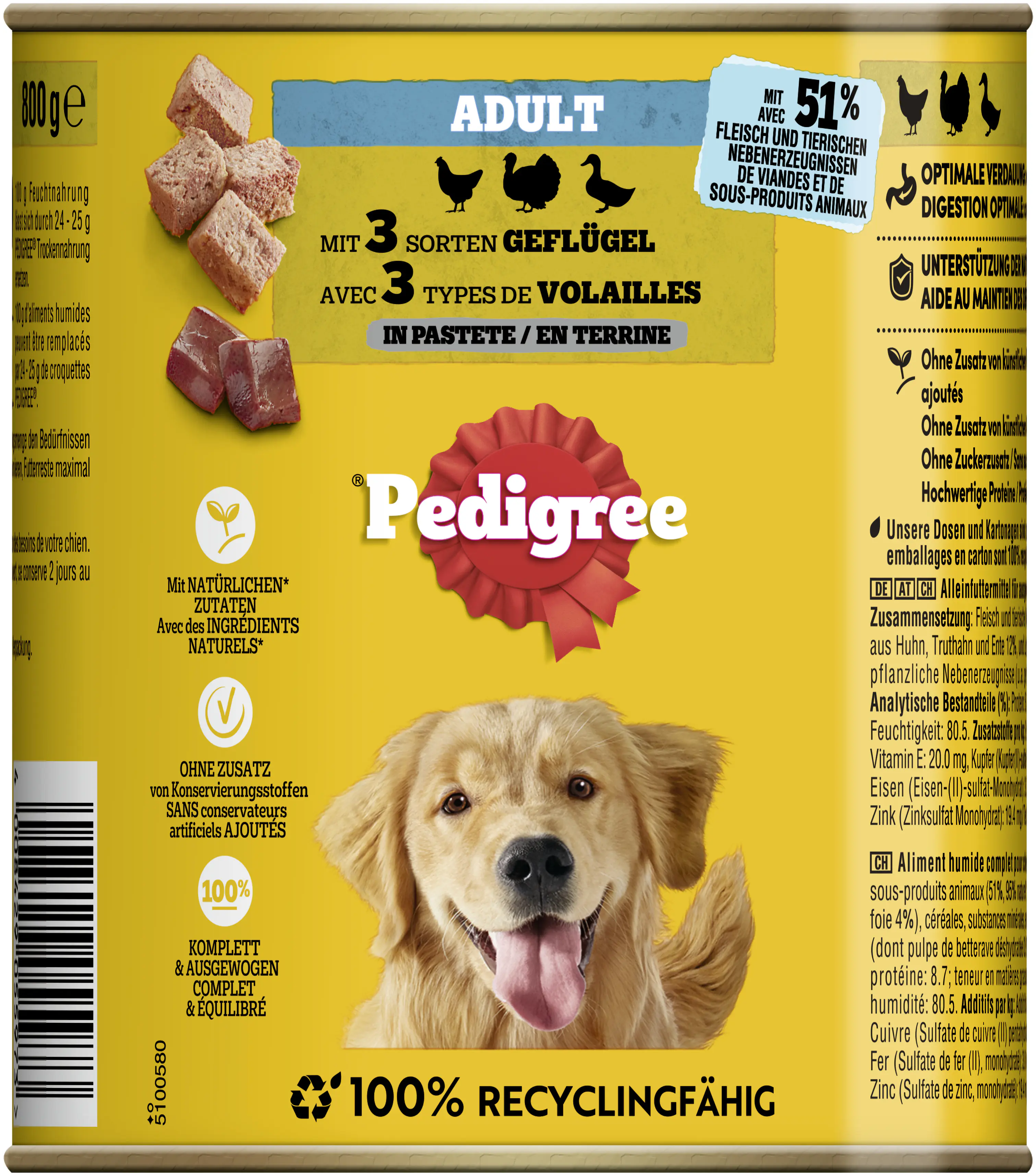 Pedigree Classic Hundenassfutter Adult 800 g Huhn, Truthahn und Ente
