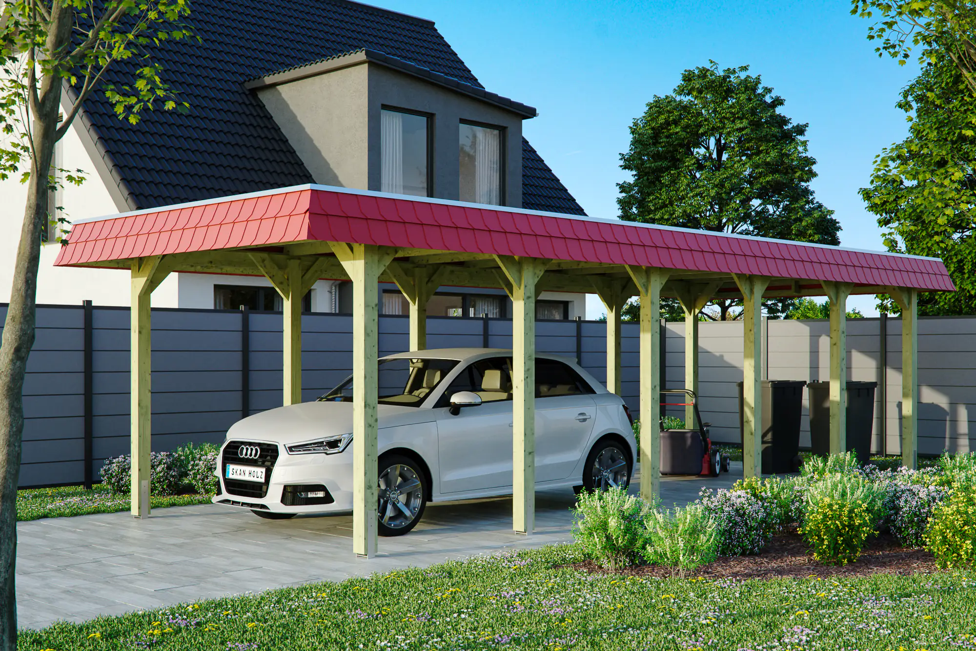 4018211034185 SKAN HOLZ Carport Spreewald 345 x 893 cm mit EPDM-Dach, rote Blende
