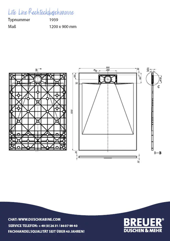 Breuer Duschwanne rechteck Lite Line Steinoptik anthrazitgrau 90 x 120 cm