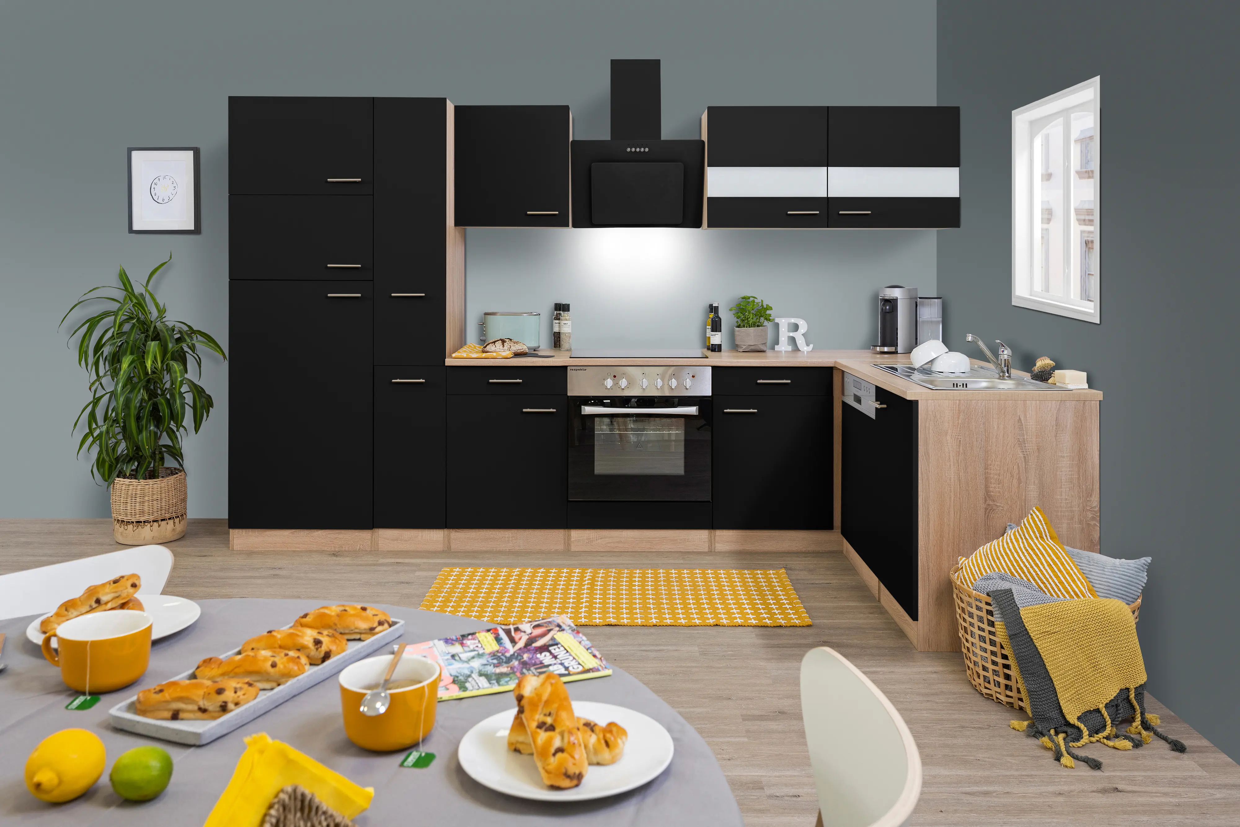 Respekta Economy L-Küchenzeile 310 x 172 cm schwarz Eiche Sonoma