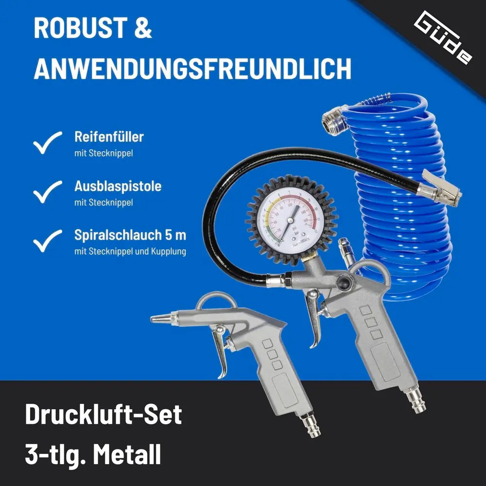 Güde Druckluft-Set 3-teilig 5 m Schlauch, Luftpistole, Reifenbefüller