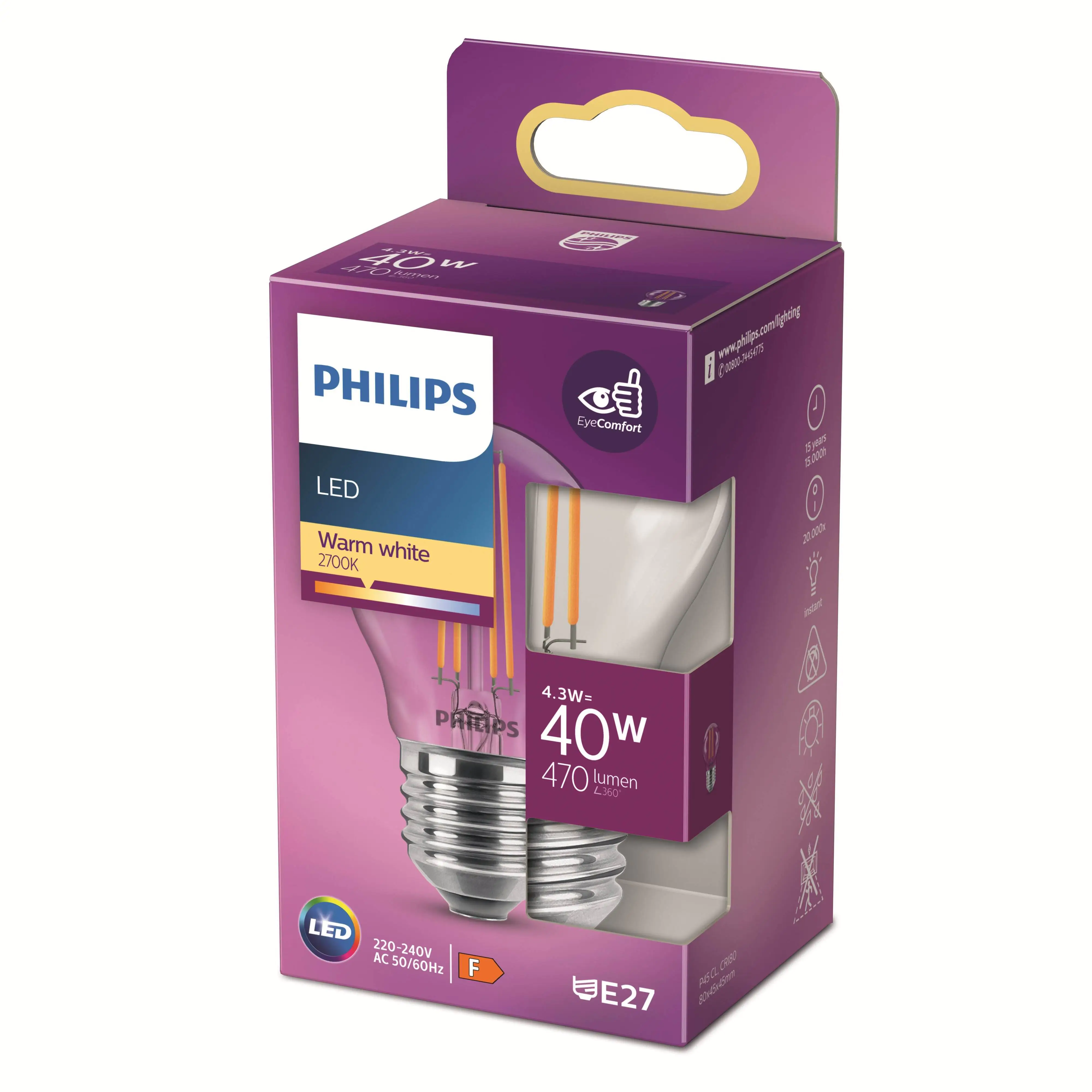 Philips LED-Leuchtmittel Filament Tropfenform P45 E27 4W warmweiß Philips LED-Leuchtmittel Filament Tropfenform P45 E27 4W warmweiß