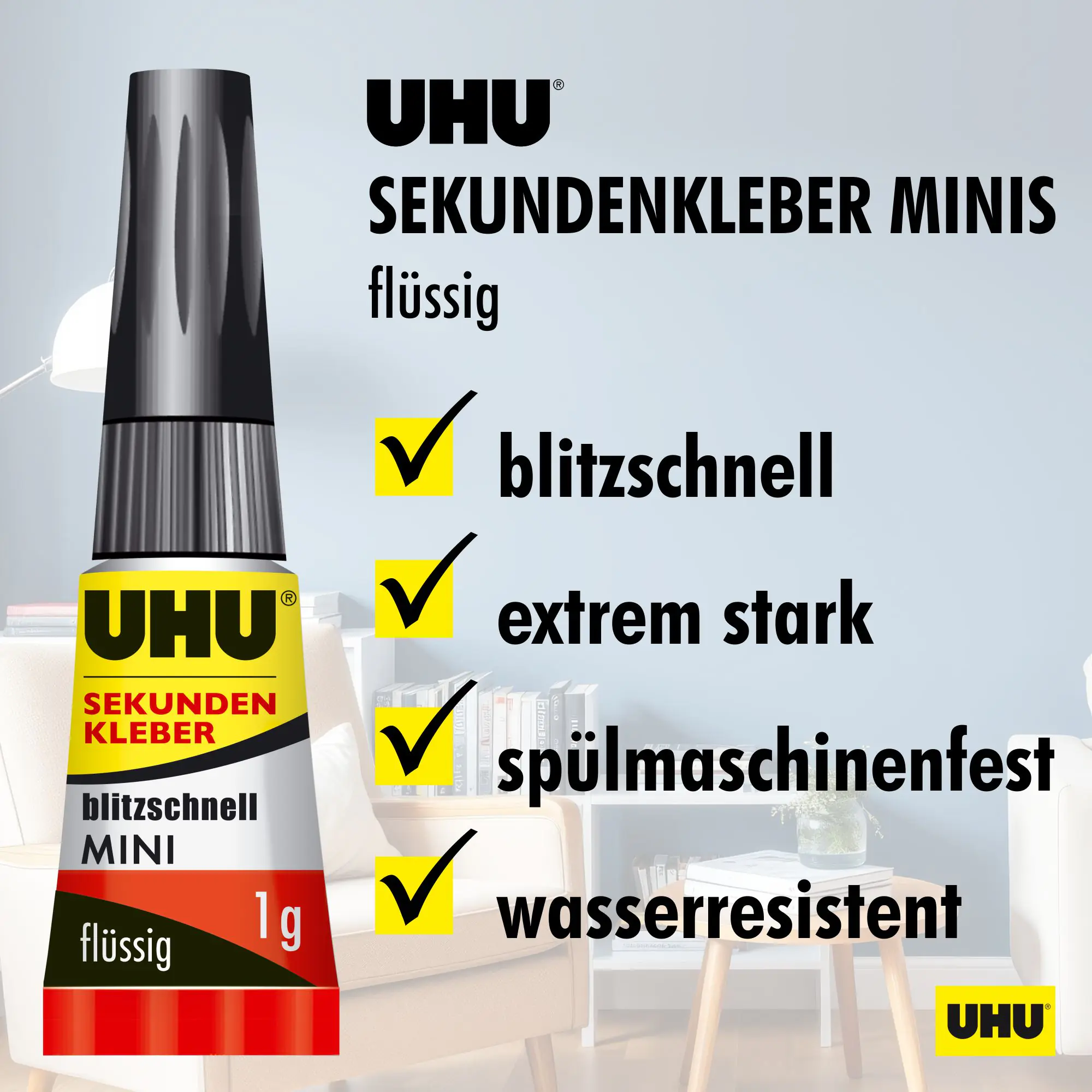 UHU Sekundenkleber blitzschnell Minis 3 g (3 x 1 g), flüssig, in der praktischen Box