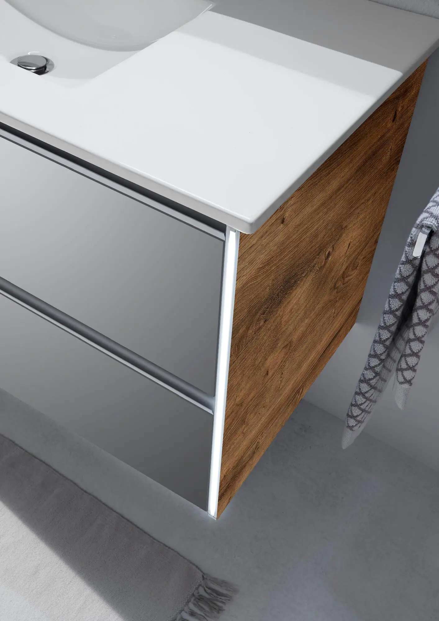 Pelipal Badmöbel-Set 6040 Oxid Hellgrau quer mit Waschplatzbeleuchtung + Midischrank 101 cm