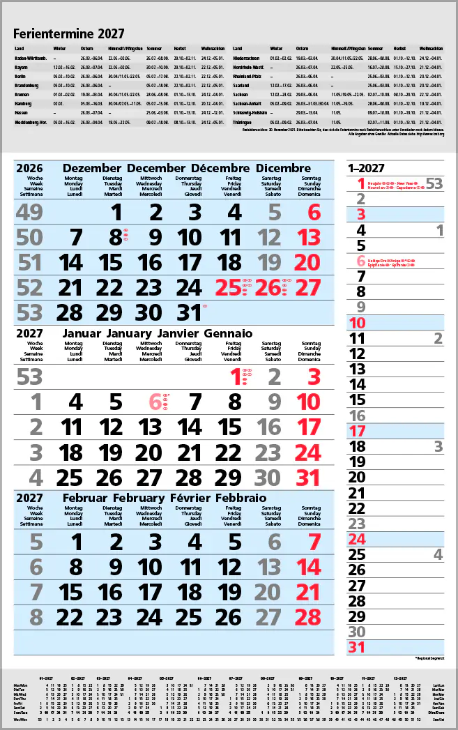 Korsch Kalender 3-Monats-Planer Combi 2027 blau
