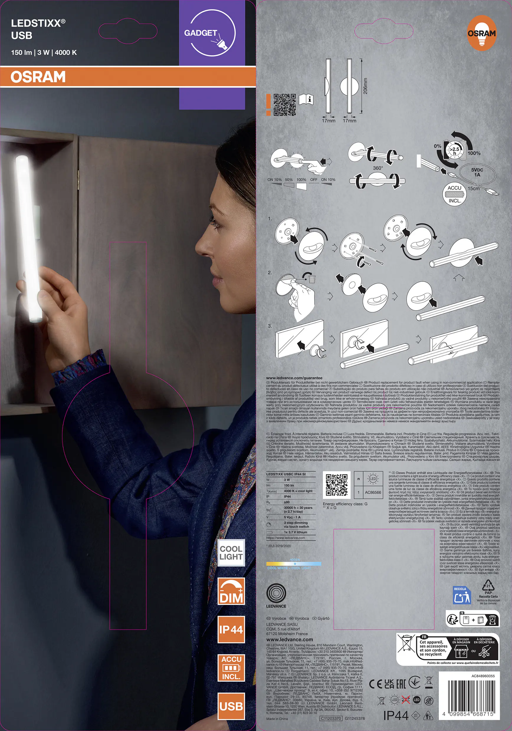 Ledvance LED-Wandleuchte Ledstixx USB-C Anschluss 3W silber neuteralweiß