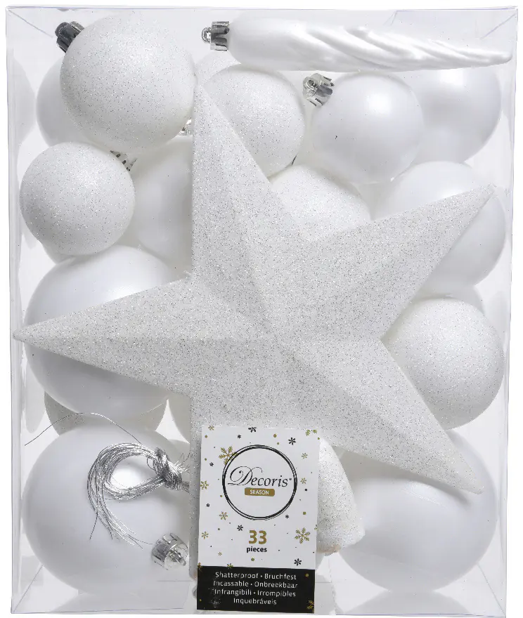 Kaemingk Weihnachtskugeln bruchfest, langlebig, winterweiß 33 Kugeln + Stern
