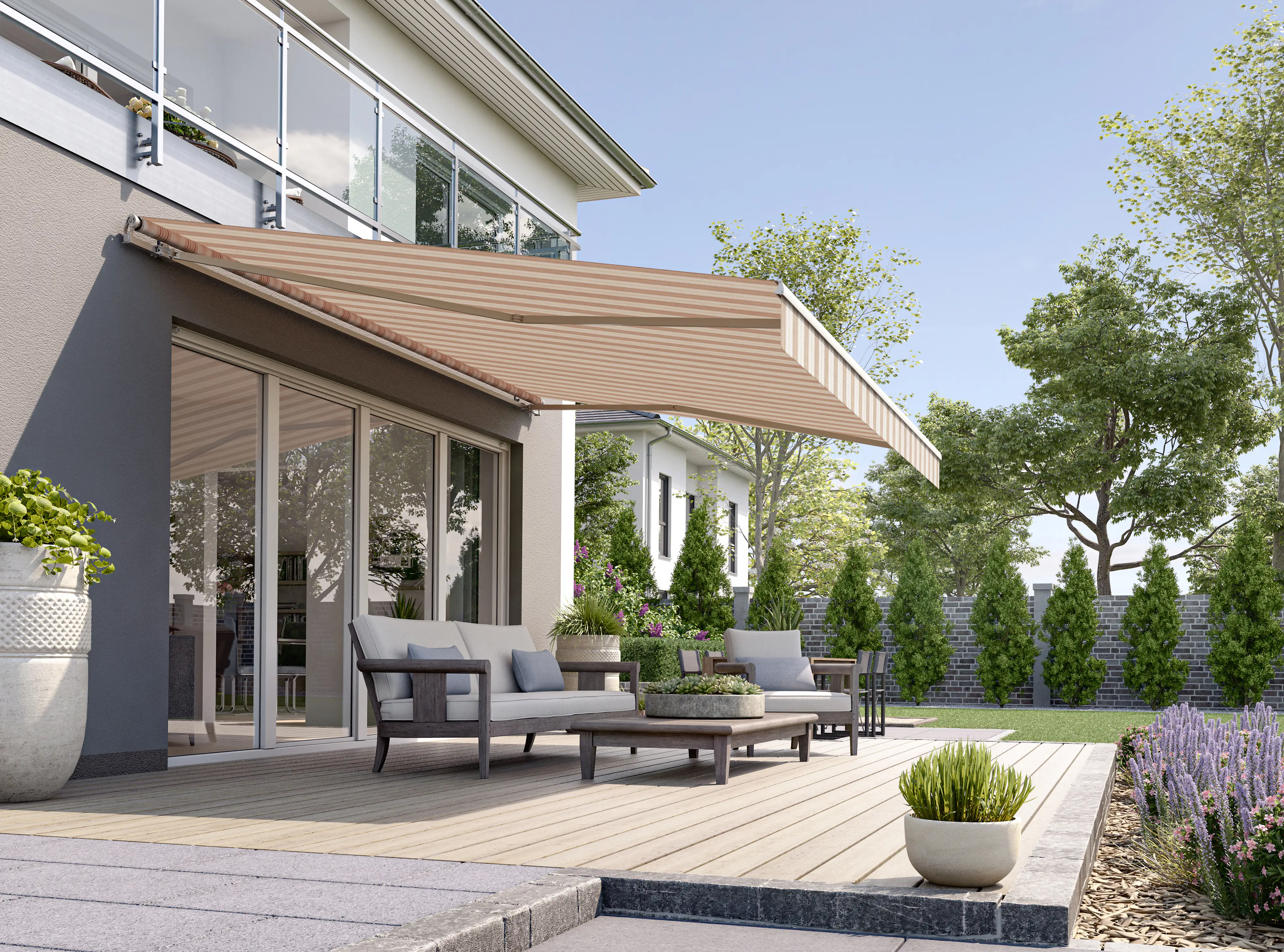 Gelenkarmmarkise Classic orange-braun gestreift inkl. Motor, Handsender, Solar Panel