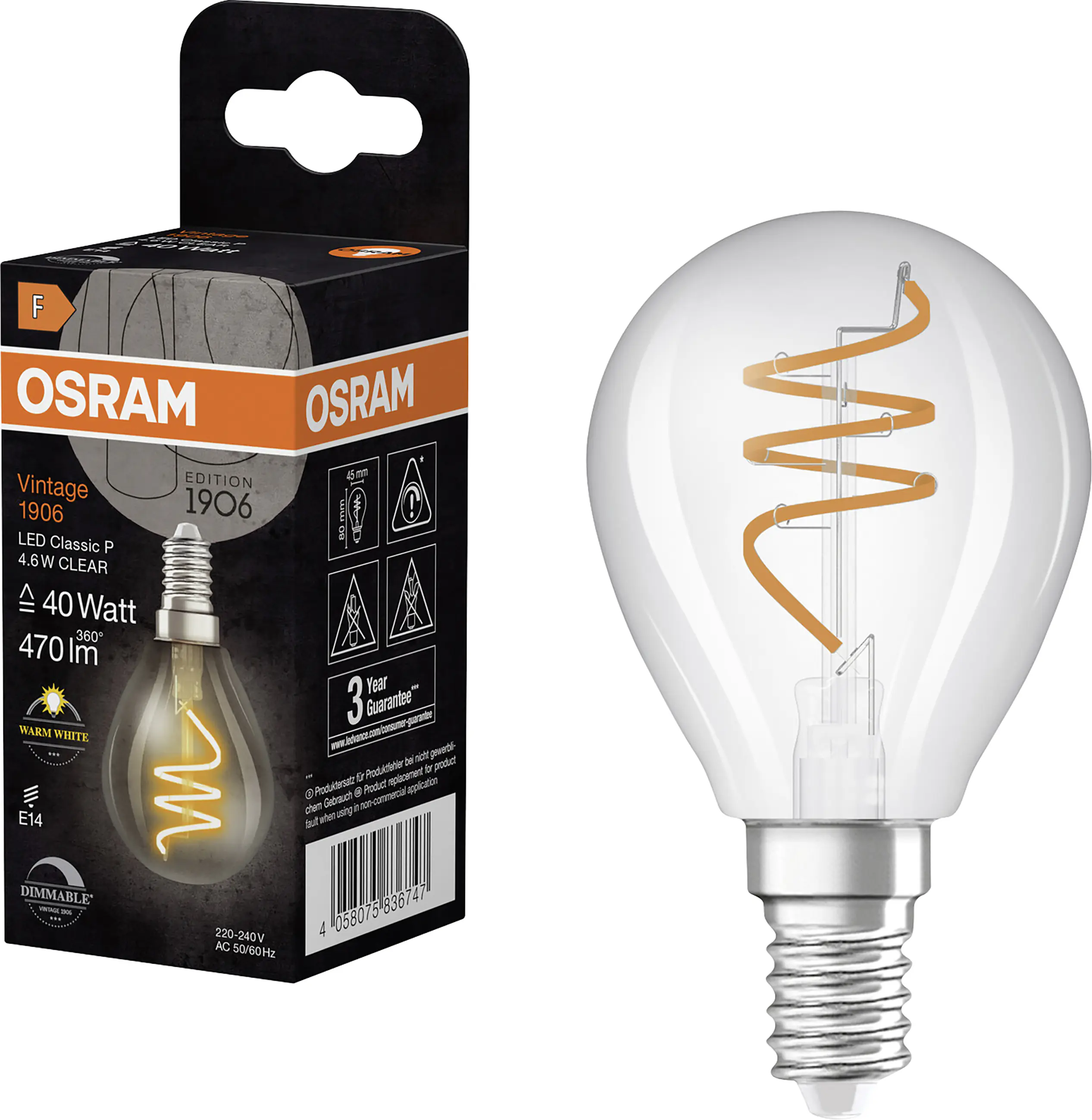 Osram LED Leuchtmittel E14 Vintage 1906 Classic 4,6W klar dimmbar warmweiß