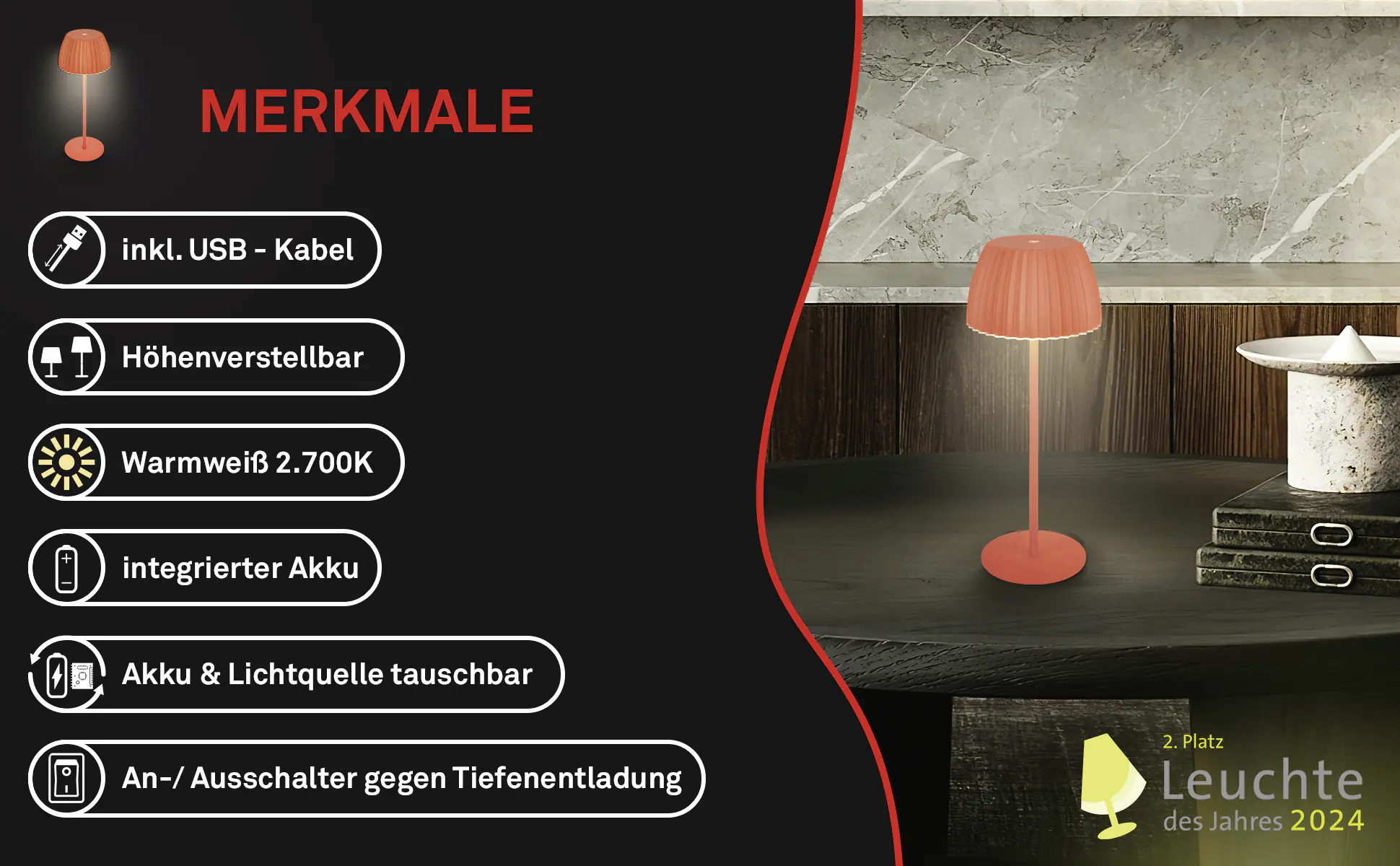 Briloner LED-Tischleuchte Riffle mit Akku orange dimmbar