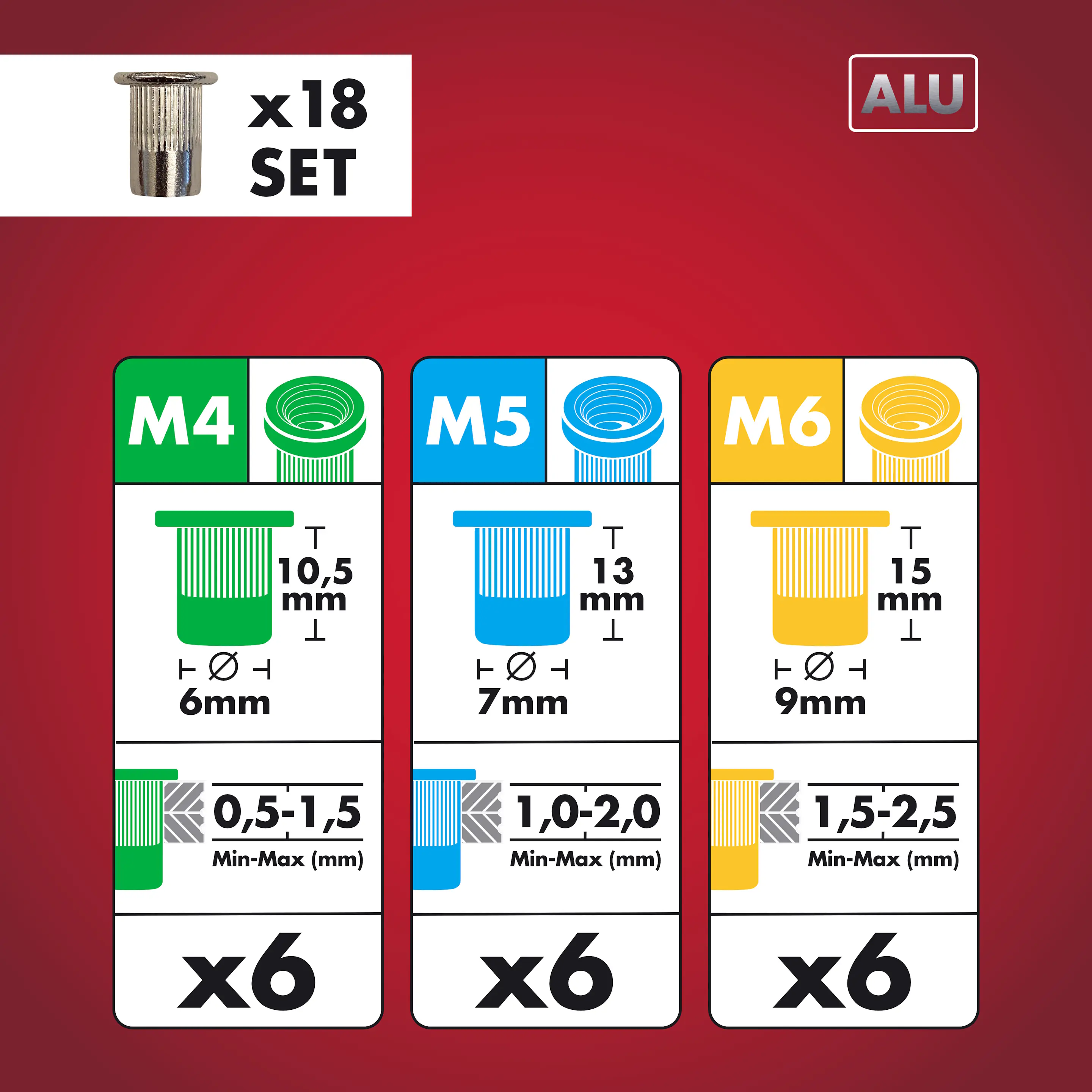 Arrow Blindnietmutter Set mit M4/M5/M6 Gewinde Aluminium 18 Stück