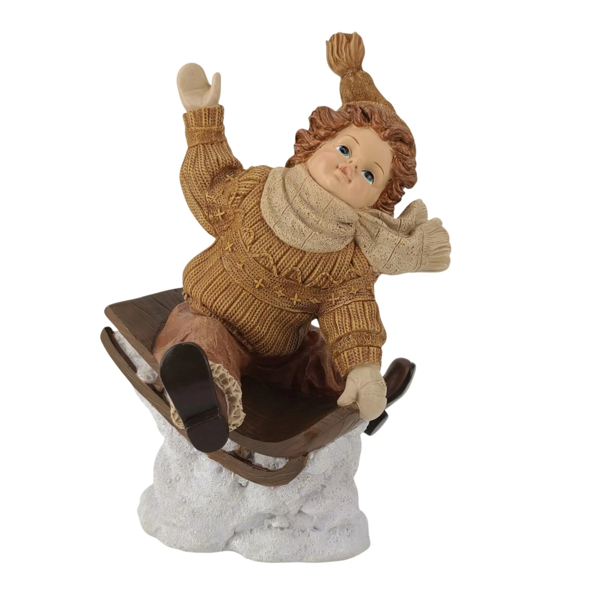Dekofigur Junge auf Schlitten 24,5 x 17 cm braun/beige