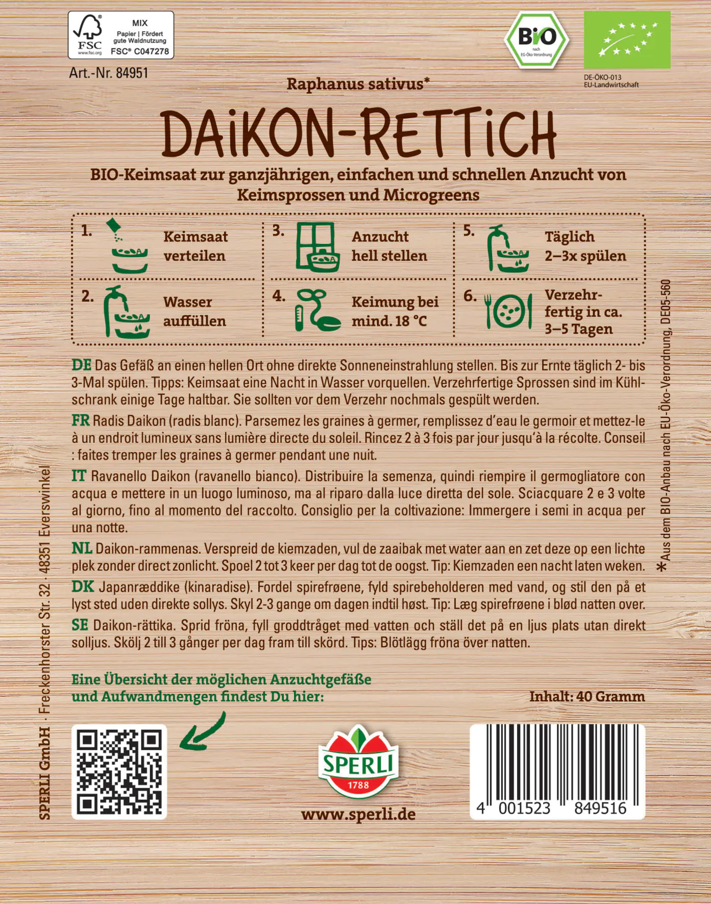 Sperli BIO Keimsprossen-Saat Daikon-Rettich