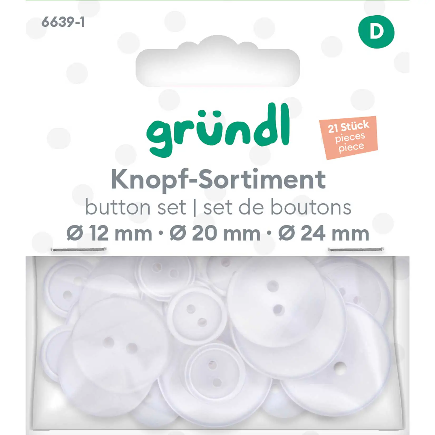 Gründl Knopf Kunststoff Ø 12/20/24 mm weiß 21 Stück