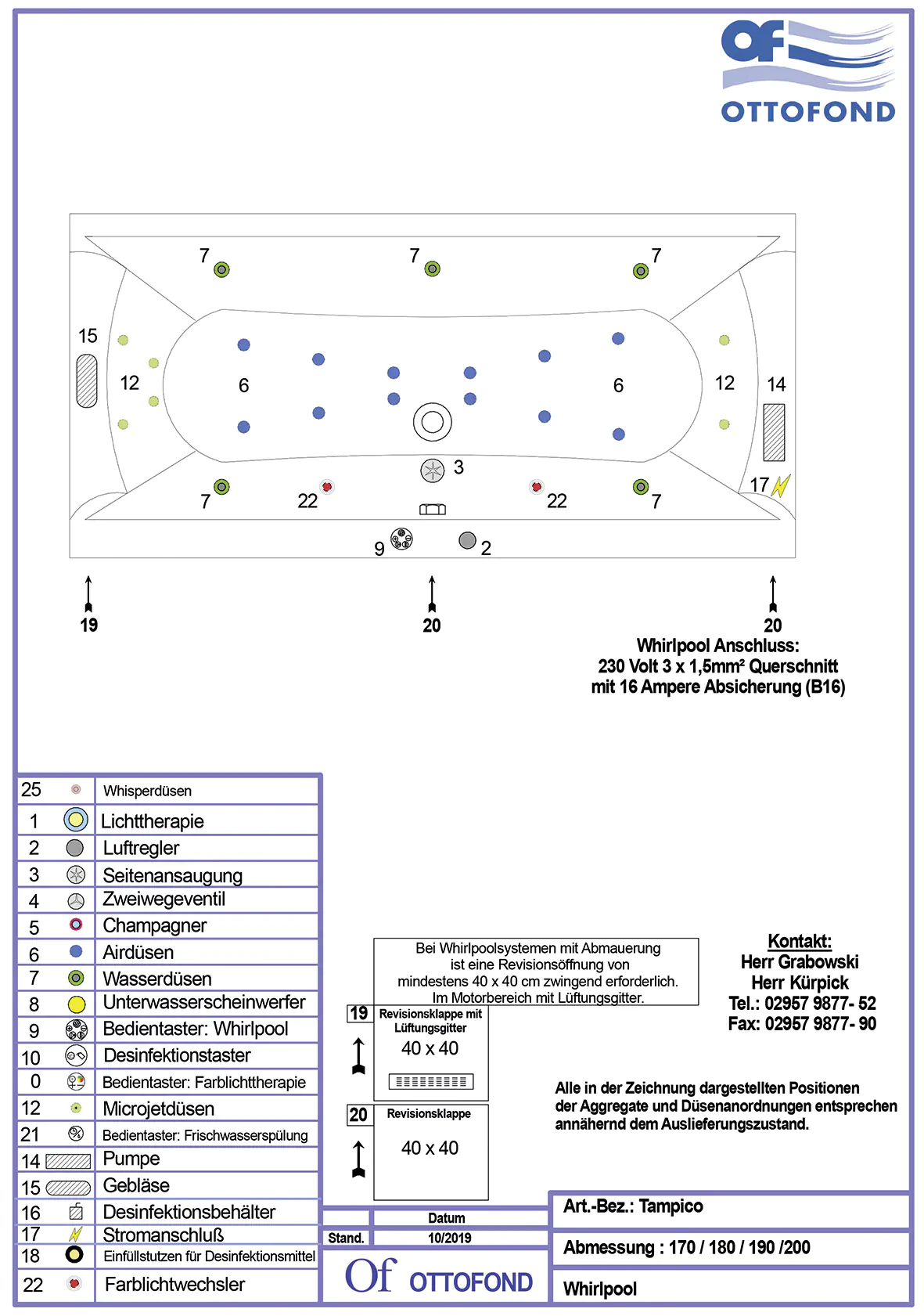 Ottofond Whirlpool Tampico 190 x 80 cm, weiß, mit 2 LED Farblichtwechslern