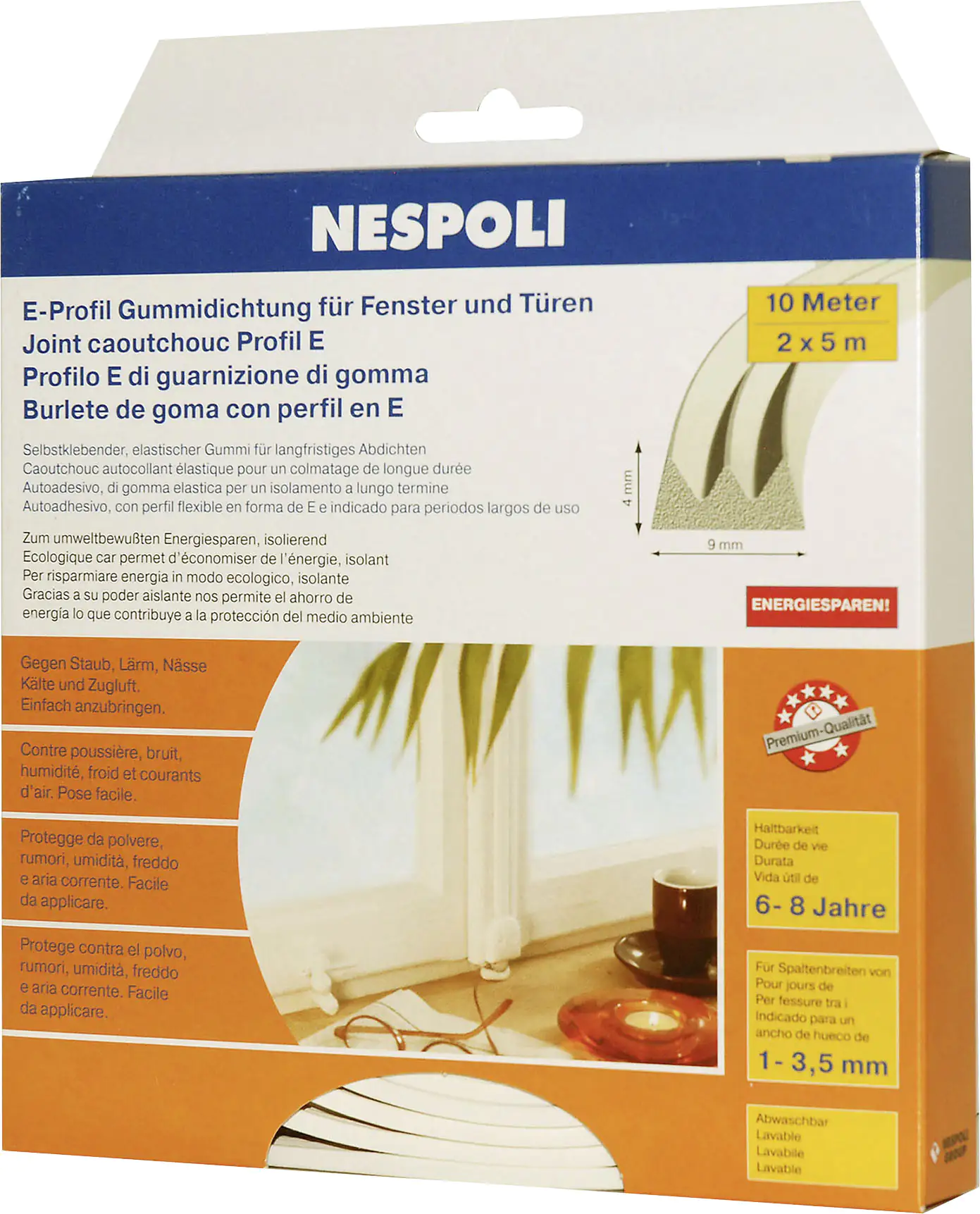Nespoli Fenster- und Türdichtung mit E-Profil je 5 m, 9 x 4 mm, weiß, 2 Stück