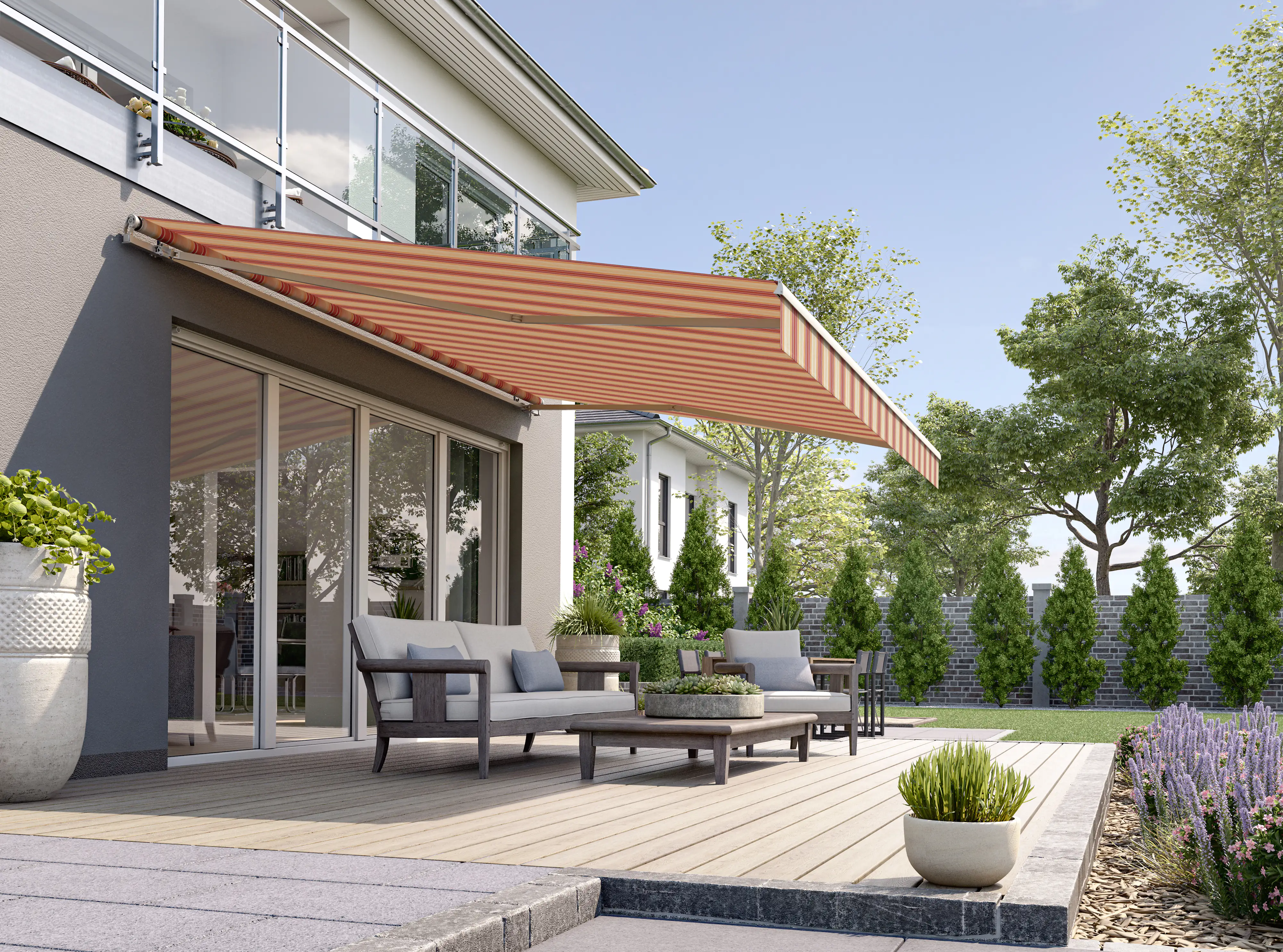 Gelenkarmmarkise Classic gelb-grau gestreift inkl. Motor, Handsender, Solar Panel