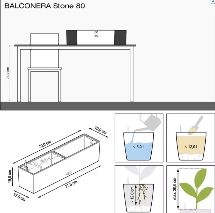 Lechuza Balkonkasten Balconera Stone 80 graphitschwarz