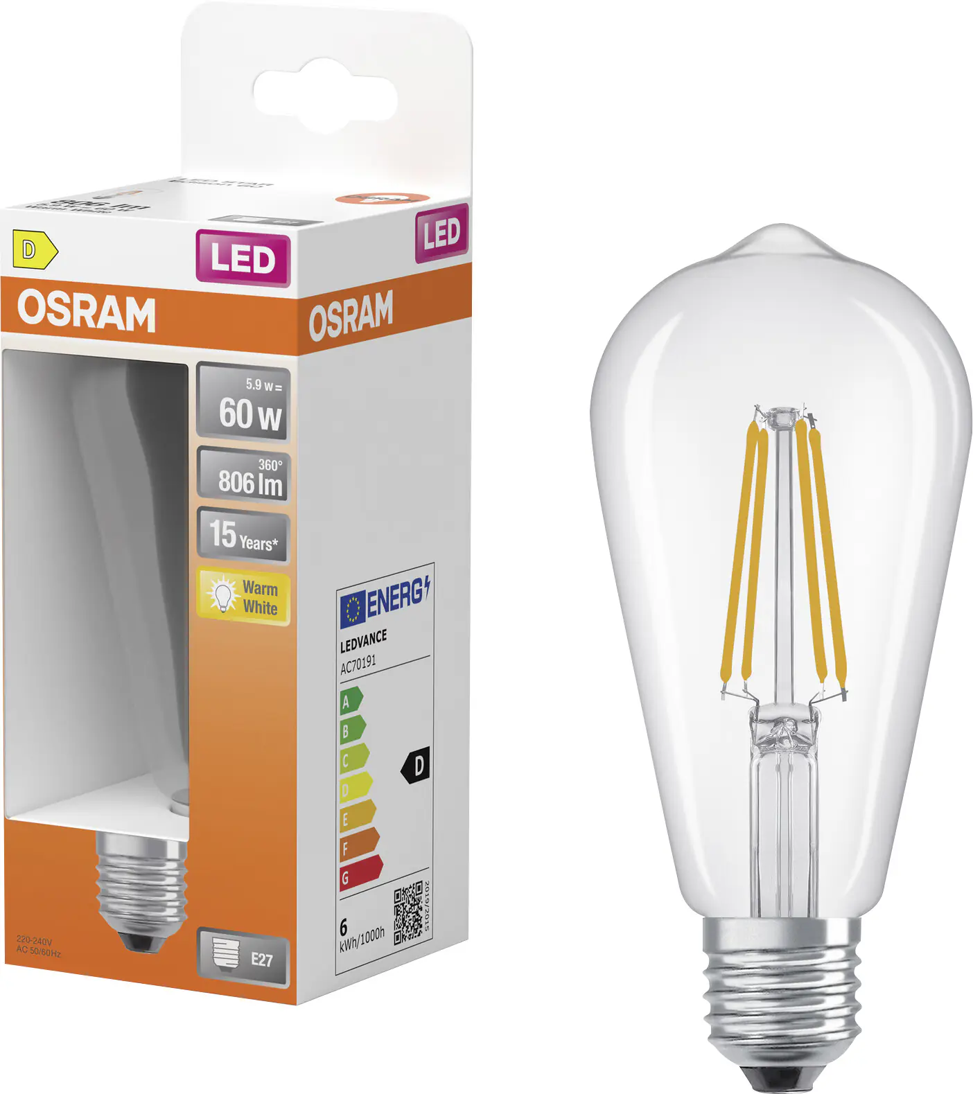 Osram LED Leuchtmittel E27 Star Classic Edison 5,9W klar warmweiß