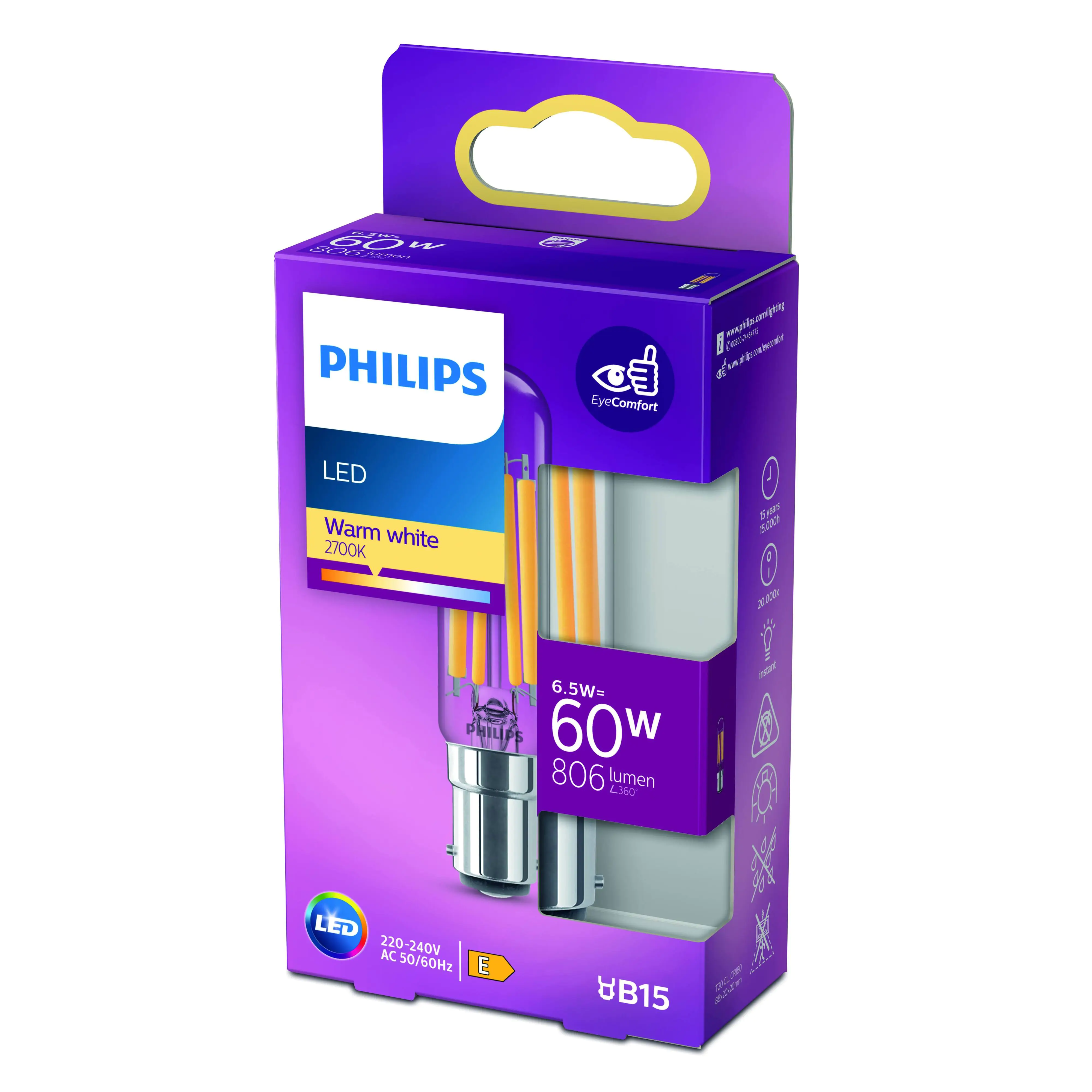 Philips LED-Leuchtmittel Filament Stabform T20L B15 6,5W warmweiß