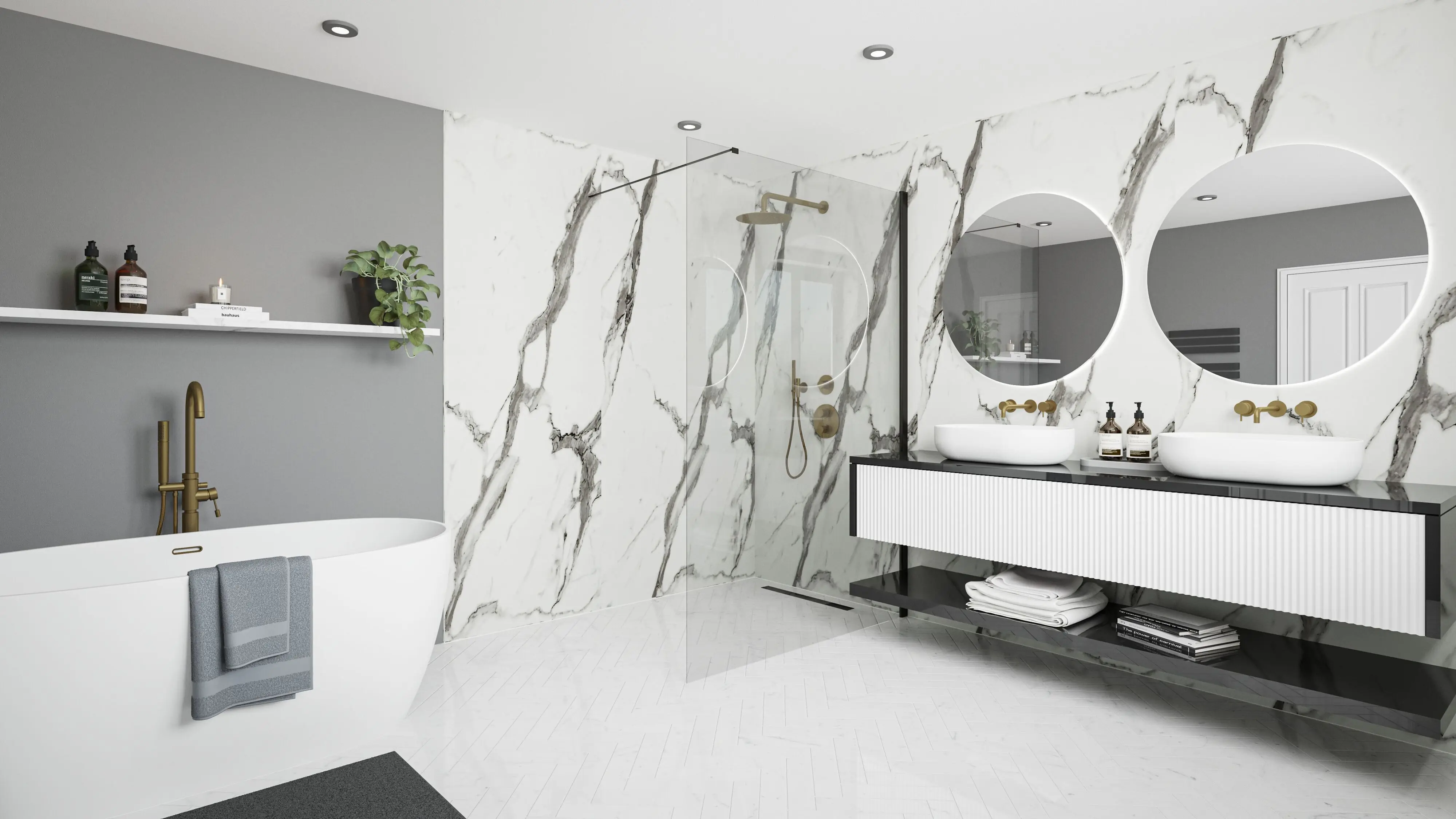 Wetwall Elite Wandpaneel  Calacatta Statuario 120 x 260 cm mit abgerundeter Abschlusskante