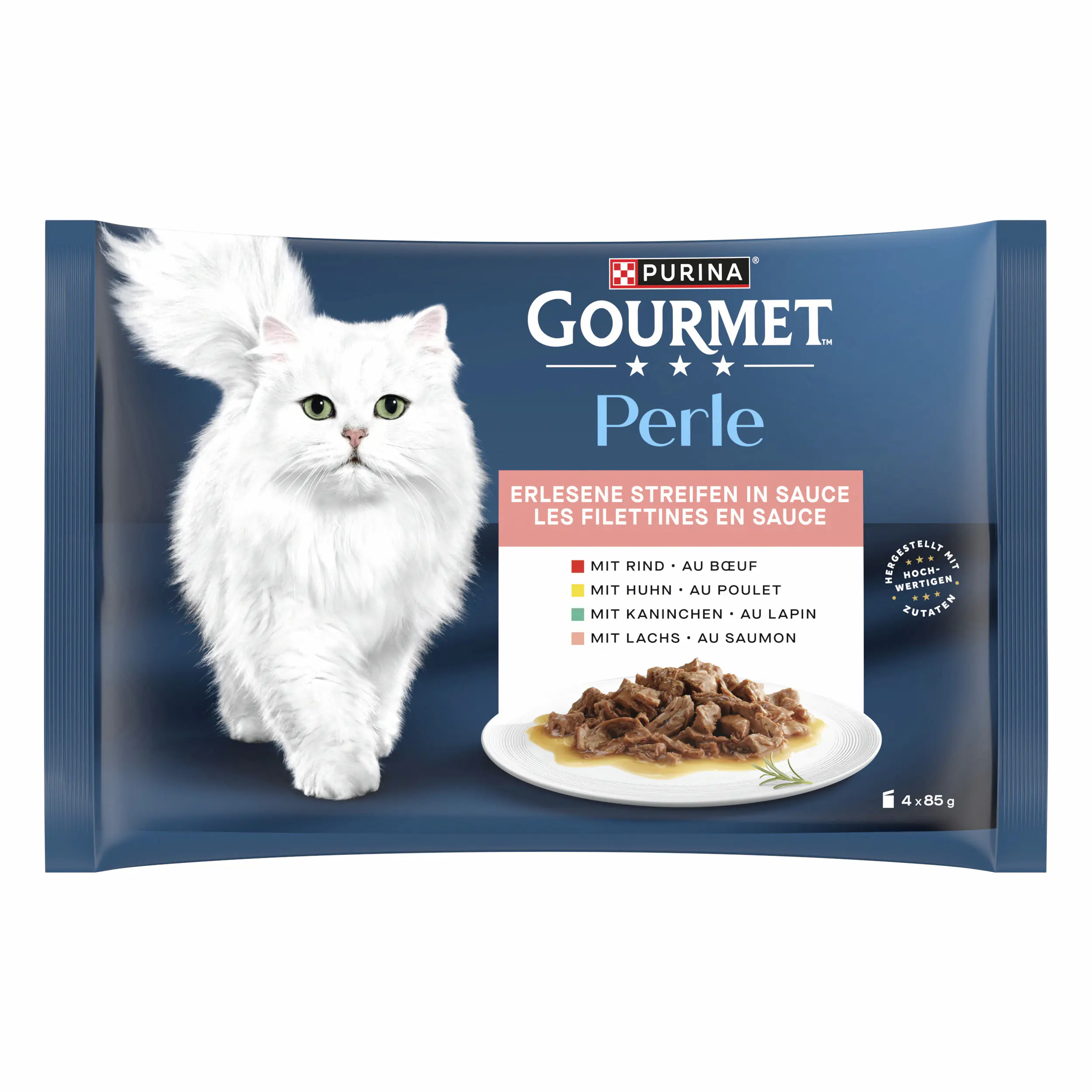 Gourmet Perle Erlesene Streifen mit Rind Kaninchen Lachs Huhn 4x 85g