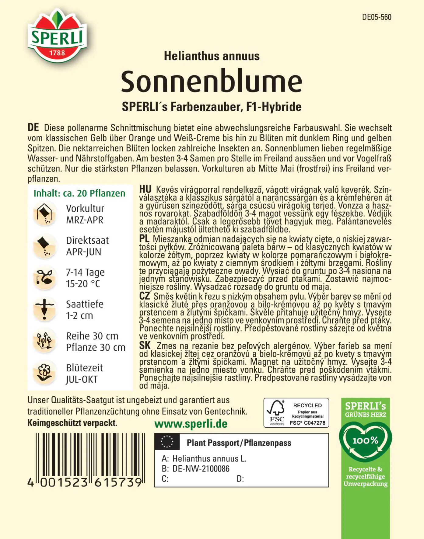 Sperli Sonnenblume Schnittblumen-Mischung F1