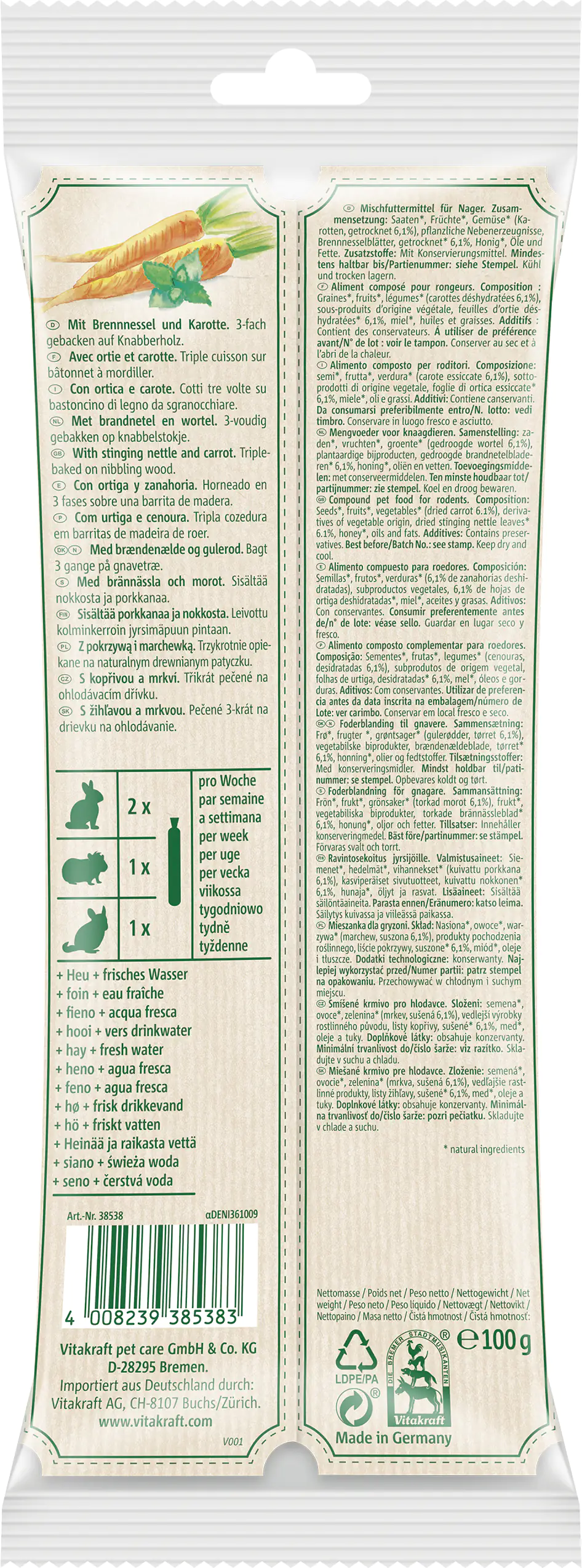 Vitakraft V.Verde Kräcker Brennnessel/Karotte 2 Stück / 80 g Vitakraft V.Verde Kräcker Brennnessel/Karotte 2 Stück / 80 g
