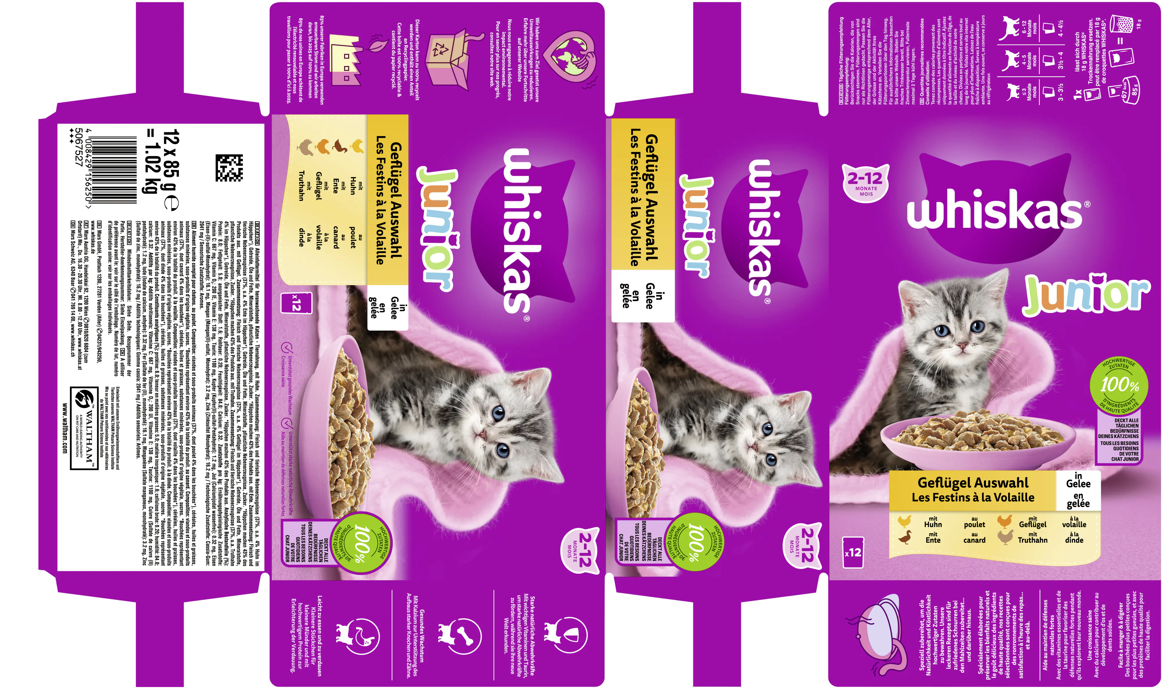 Whiskas Mulitpack Junior Geflügelauswahl in Gelee Katzenfutter 12 x 85 g